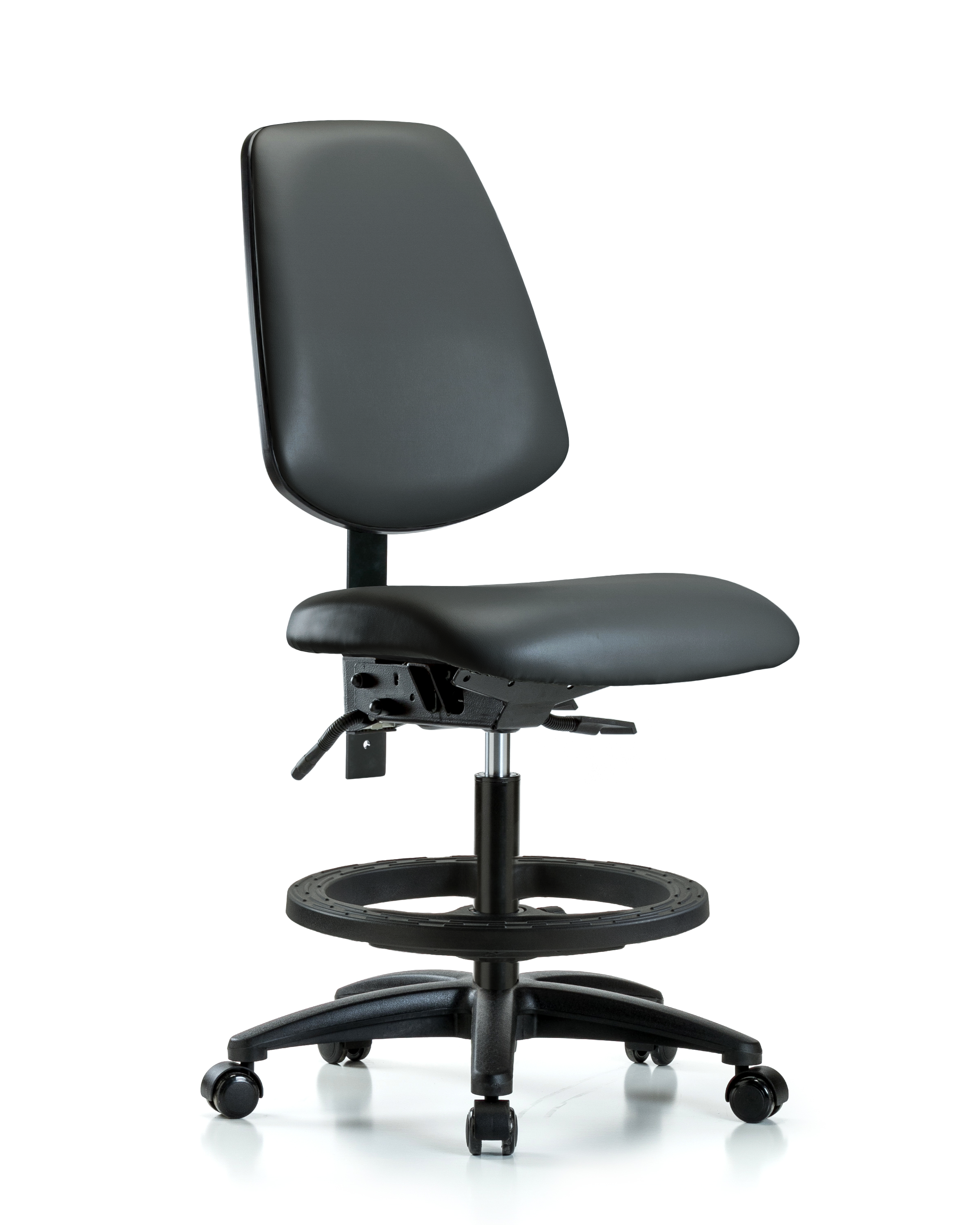 Rutledge Vinyl Chair - Medium Bench Height with Medium Back, Seat Tilt, Black Foot Ring, & Casters in Carbon Supernova Vinyl