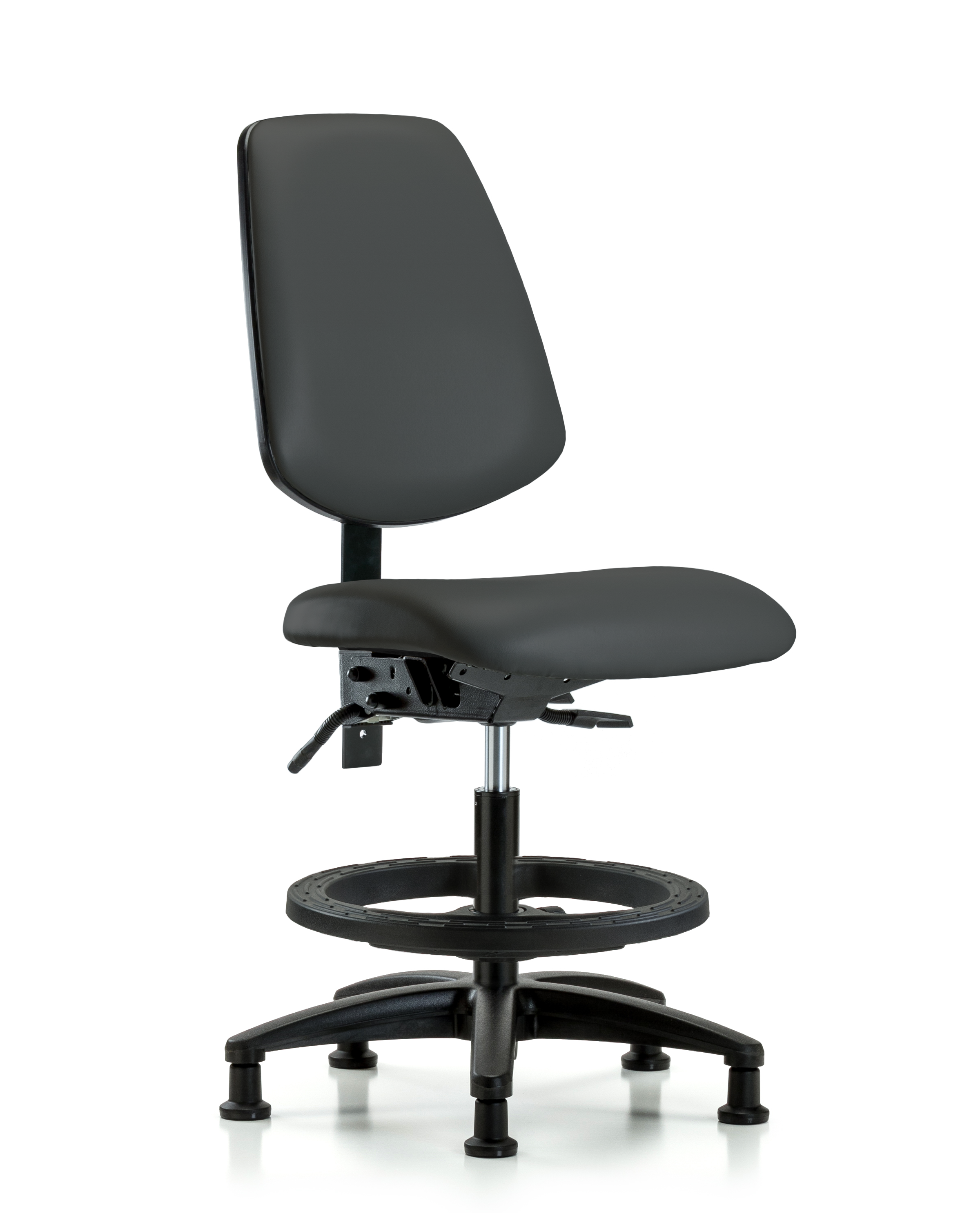 Rutledge Vinyl Chair - Medium Bench Height with Medium Back, Seat Tilt, Black Foot Ring, & Stationary Glides in Charcoal Trailblazer Vinyl