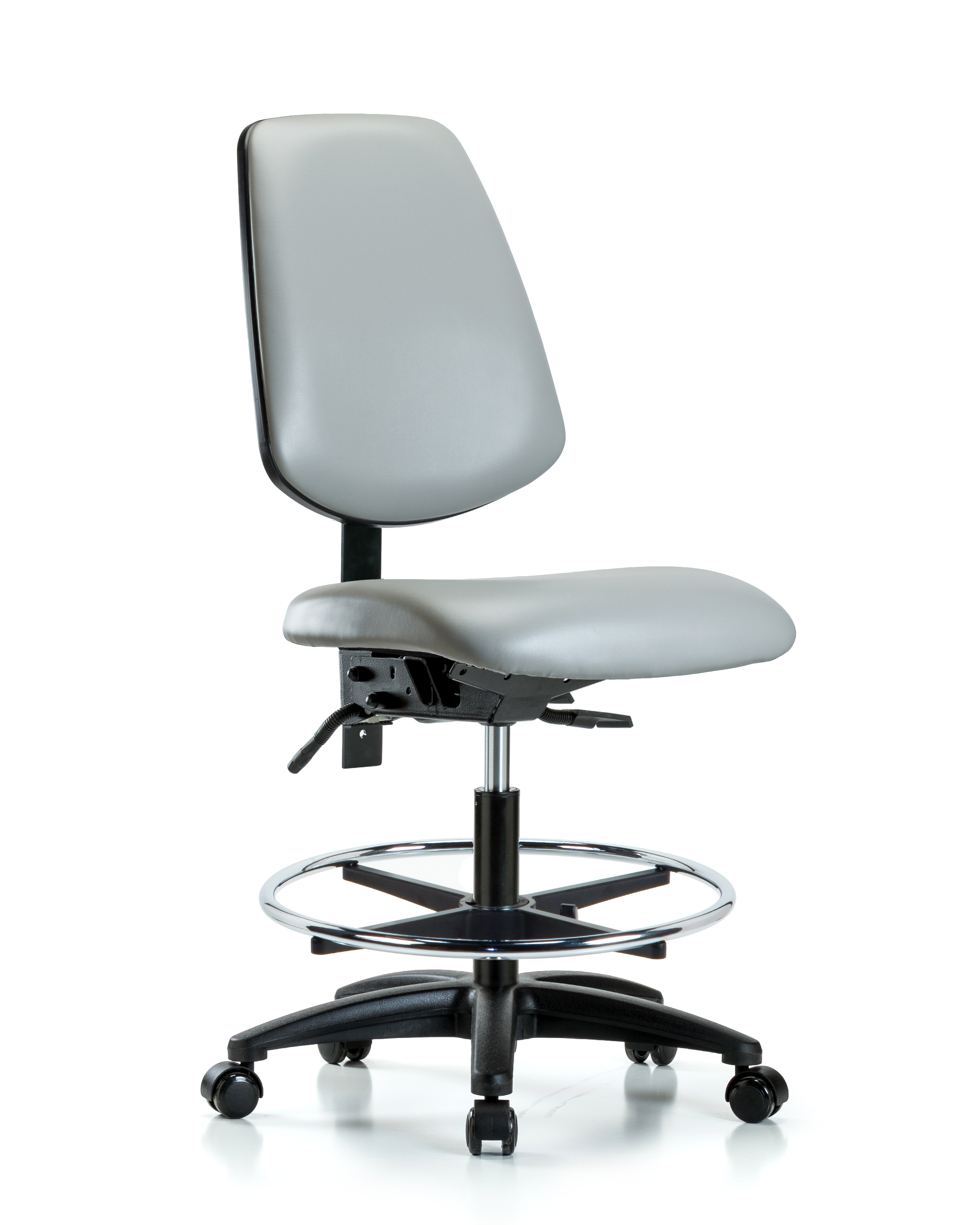 Rutledge Vinyl Chair - Medium Bench Height with Medium Back, Seat Tilt, Chrome Foot Ring, & Casters in Dove Trailblazer Vinyl