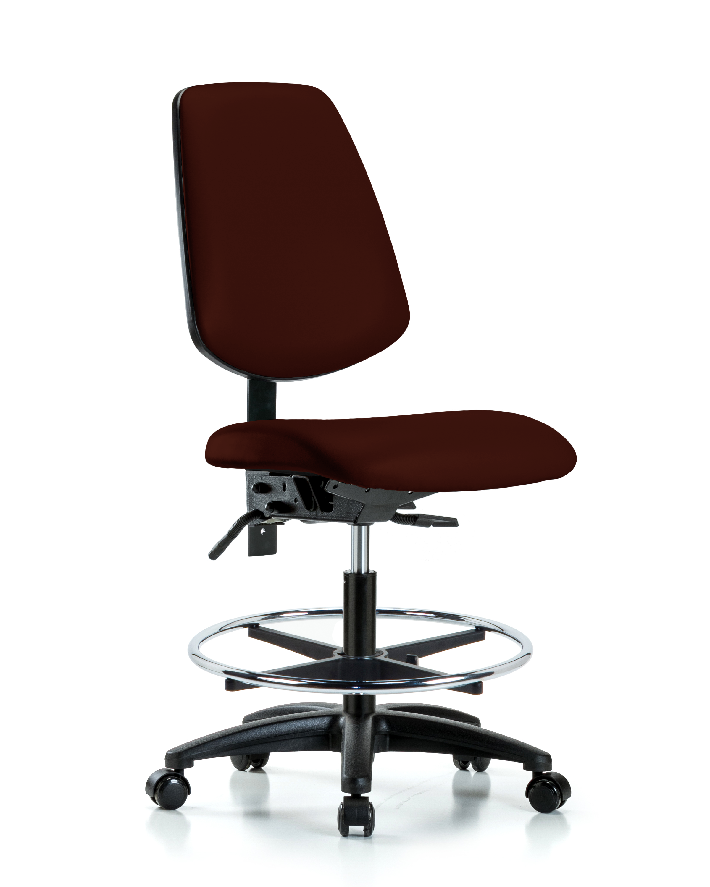 Rutledge Vinyl Chair - Medium Bench Height with Medium Back, Seat Tilt, Chrome Foot Ring, & Casters in Burgundy Trailblazer Vinyl