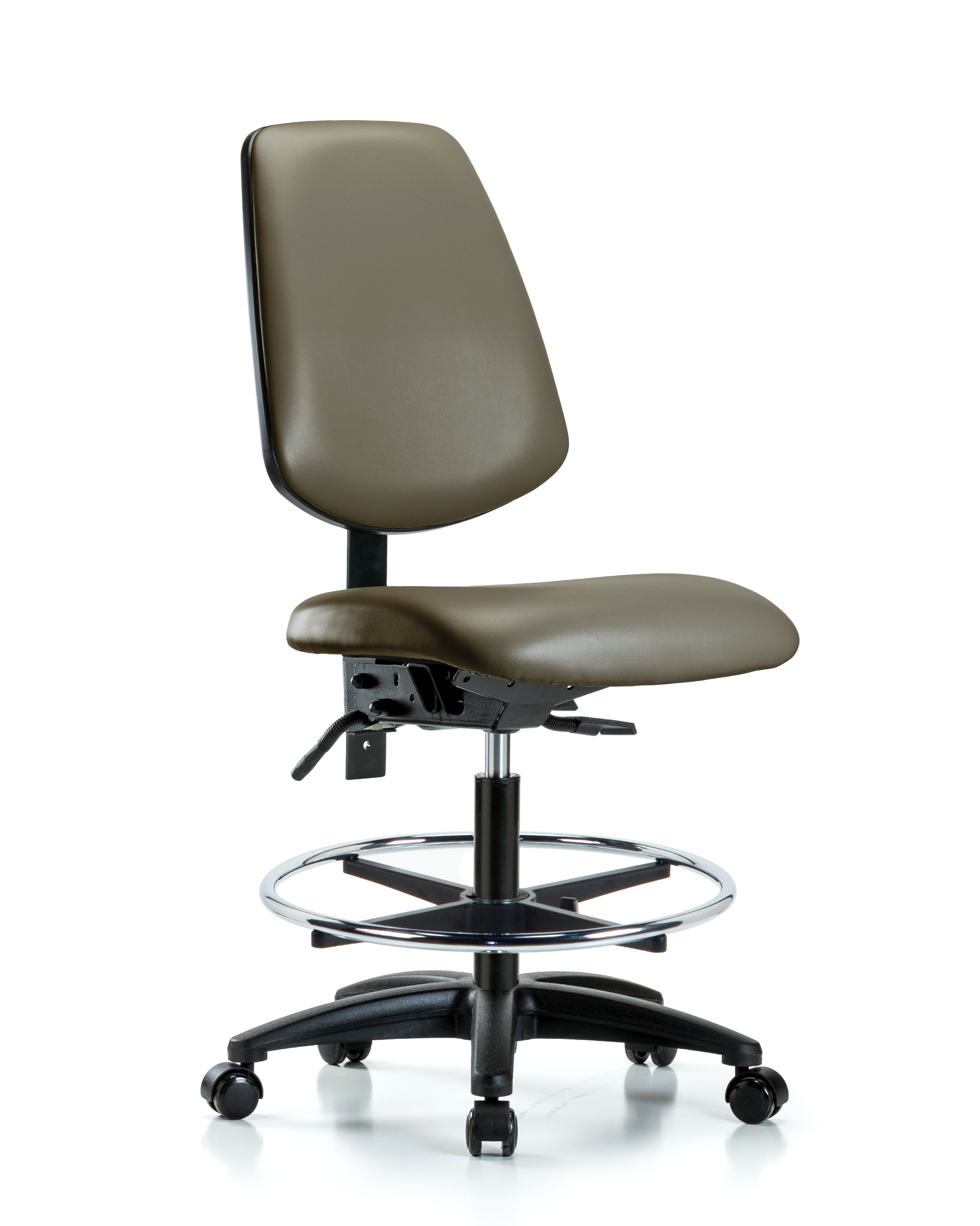 Rutledge Vinyl Chair - Medium Bench Height with Medium Back, Seat Tilt, Chrome Foot Ring, & Casters in Taupe Supernova Vinyl