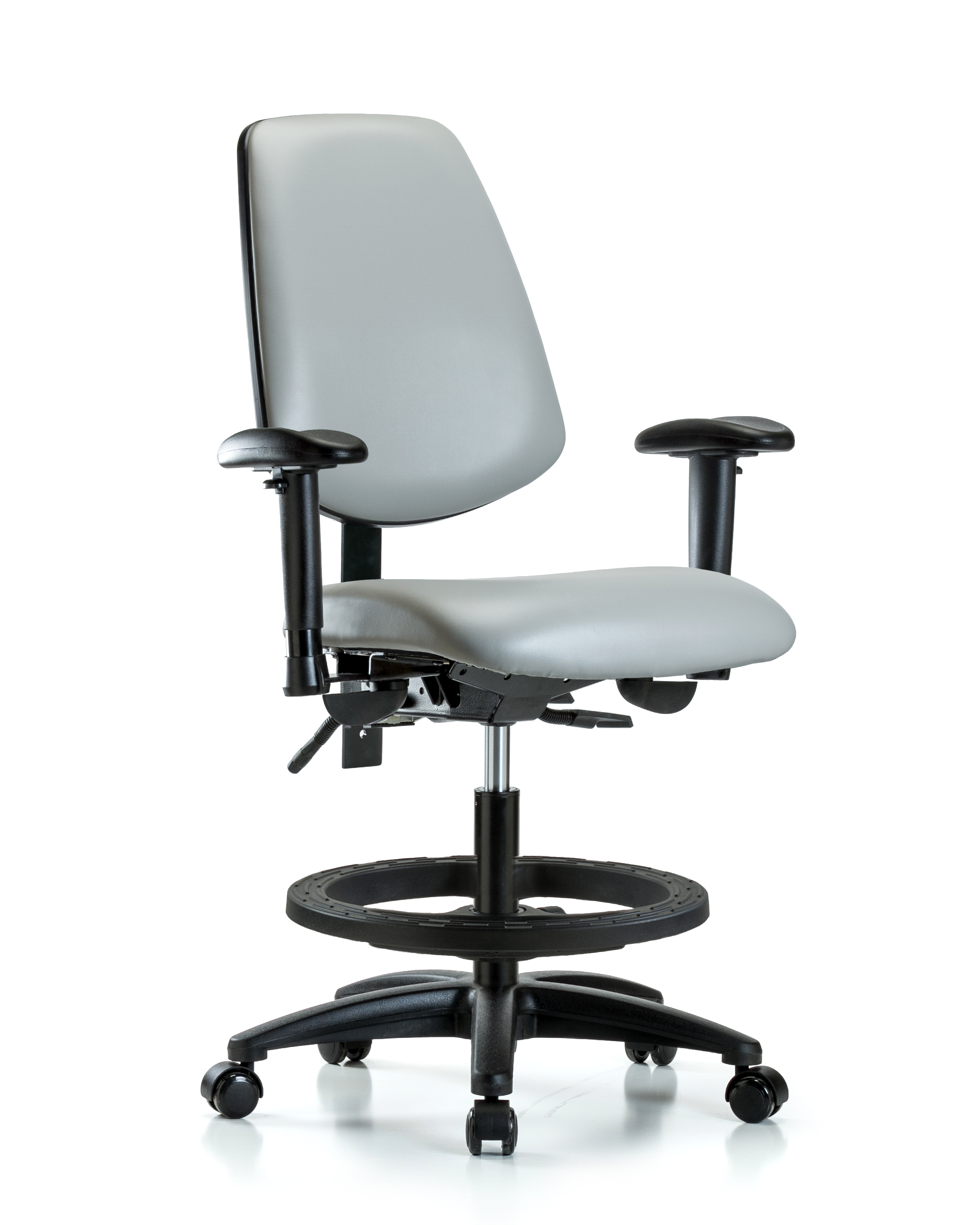 Rutledge Vinyl Chair - Medium Bench Height with Medium Back, Seat Tilt, Adjustable Arms, Black Foot Ring, & Casters in Dove Trailblazer Vinyl