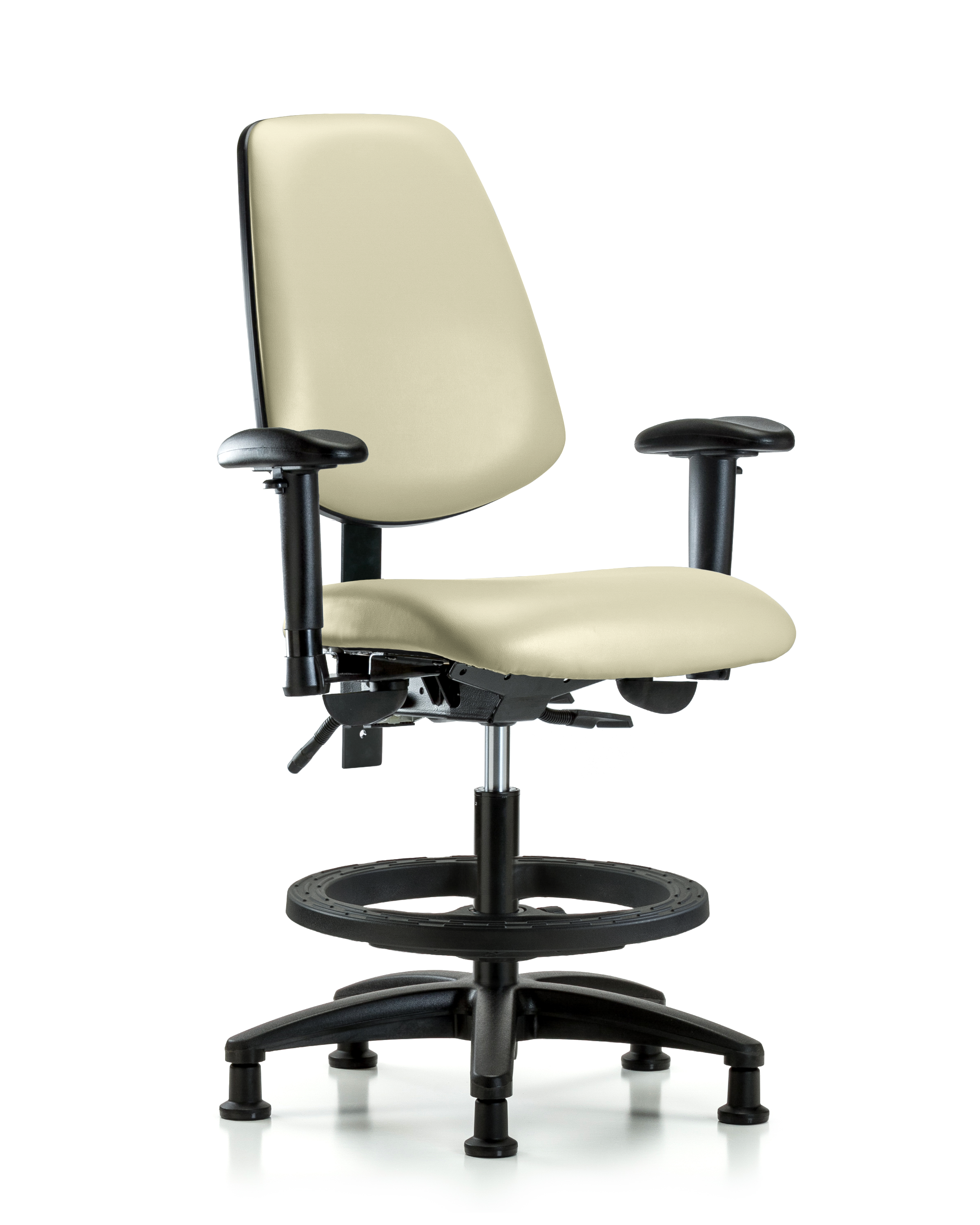 Rutledge Vinyl Chair - Medium Bench Height with Medium Back, Seat Tilt, Adjustable Arms, Black Foot Ring, & Stationary Glides in Adobe White Trailblazer Vinyl