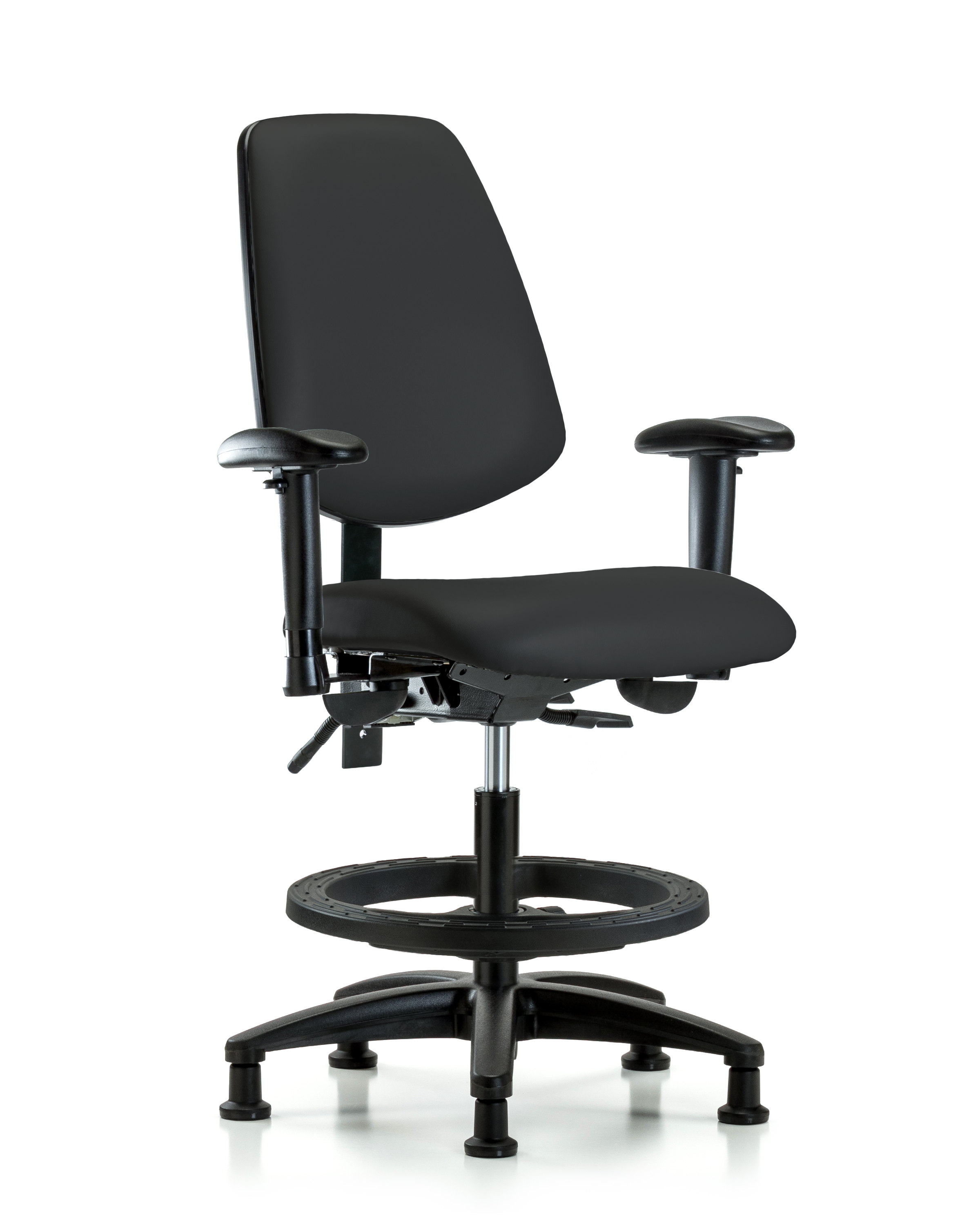 Rutledge Vinyl Chair - Medium Bench Height with Medium Back, Seat Tilt, Adjustable Arms, Black Foot Ring, & Stationary Glides in Black Trailblazer Vinyl