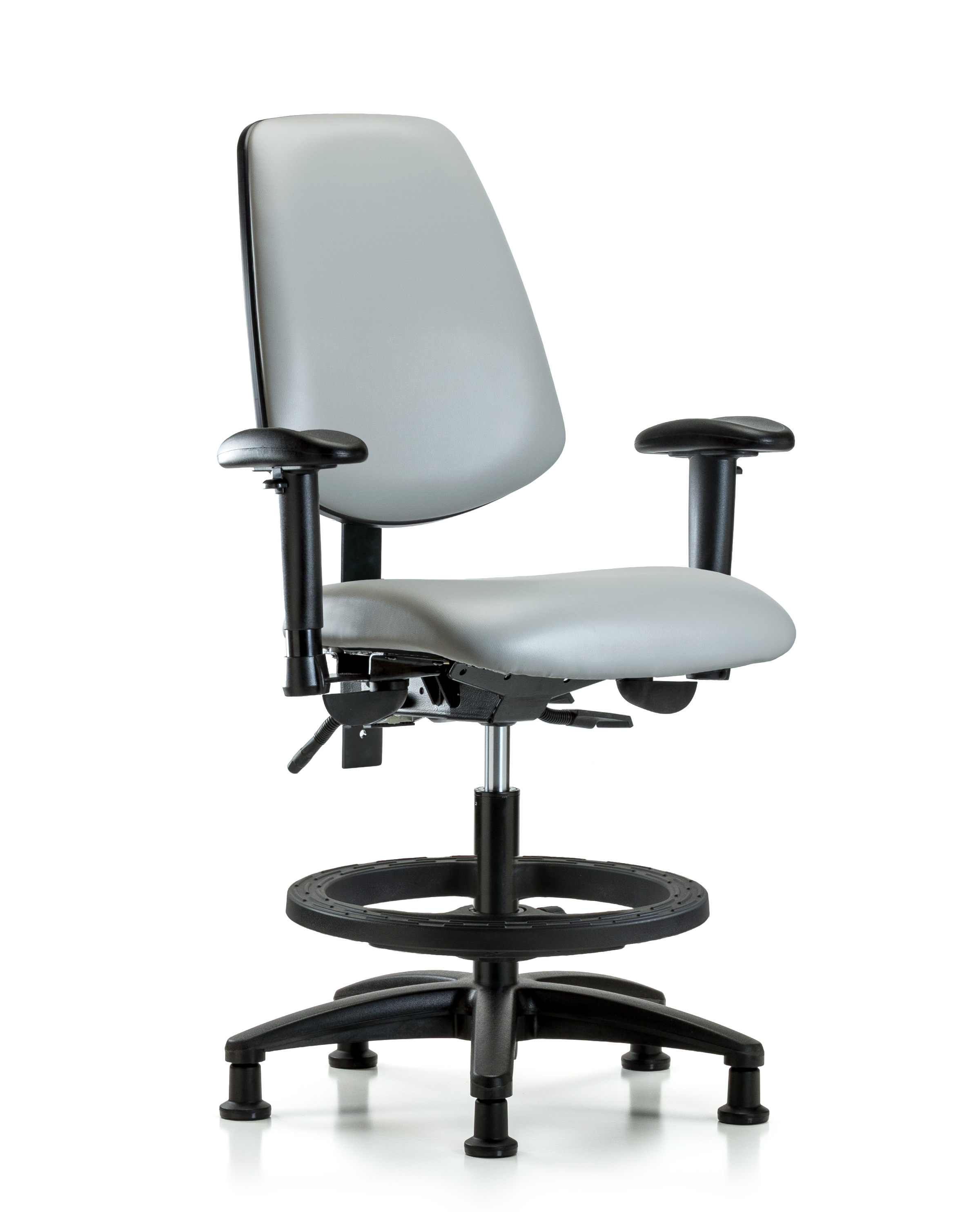 Rutledge Vinyl Chair - Medium Bench Height with Medium Back, Seat Tilt, Adjustable Arms, Black Foot Ring, & Stationary Glides in Dove Trailblazer Vinyl