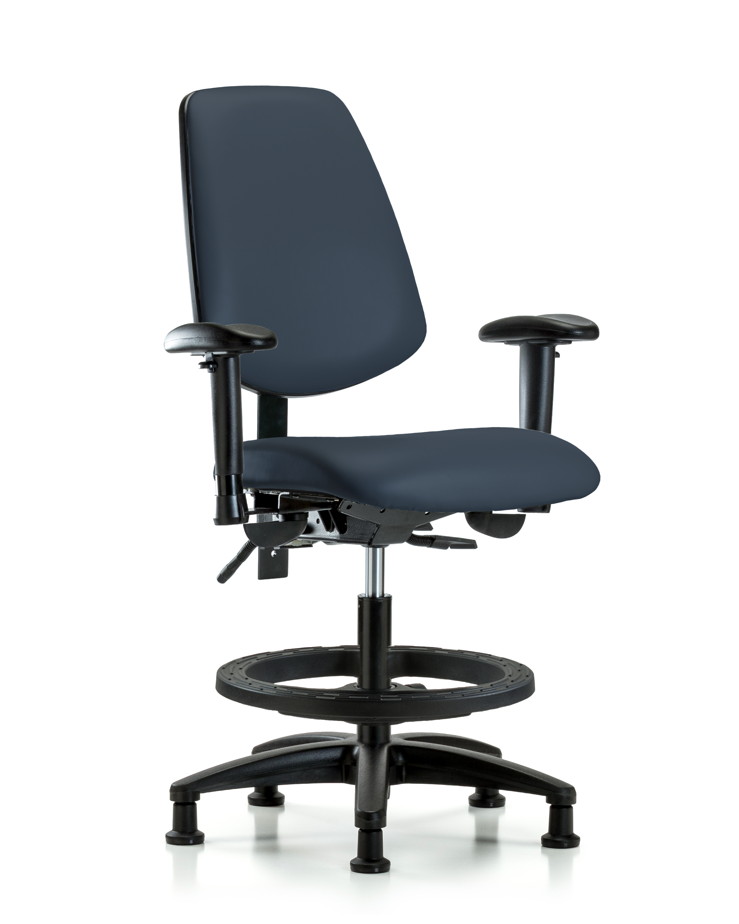Rutledge Vinyl Chair - Medium Bench Height with Medium Back, Seat Tilt, Adjustable Arms, Black Foot Ring, & Stationary Glides in Imperial Blue Trailblazer Vinyl