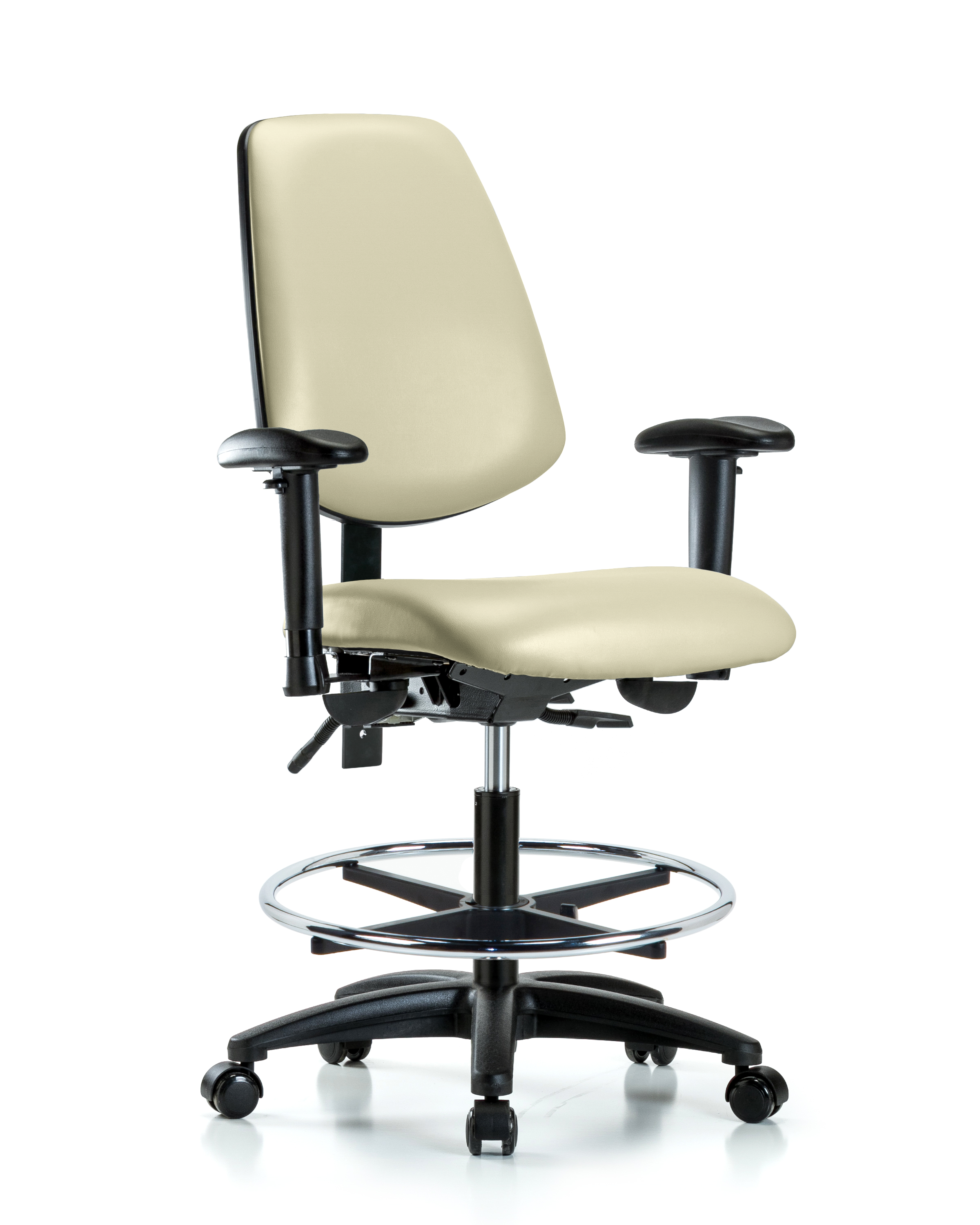 Rutledge Vinyl Chair - Medium Bench Height with Medium Back, Seat Tilt, Adjustable Arms, Chrome Foot Ring, & Casters in Adobe White Trailblazer Vinyl