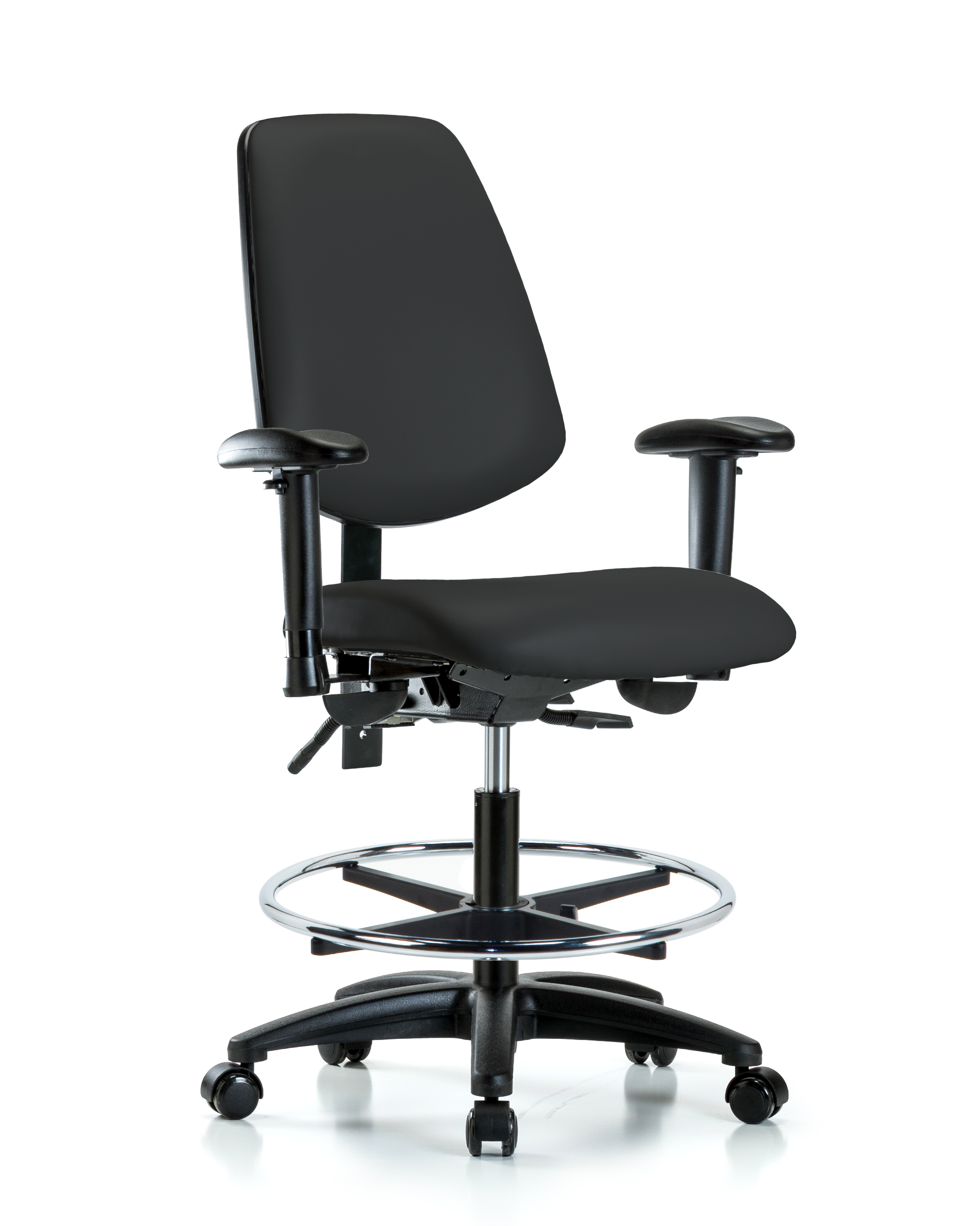 Rutledge Vinyl Chair - Medium Bench Height with Medium Back, Seat Tilt, Adjustable Arms, Chrome Foot Ring, & Casters in Black Trailblazer Vinyl