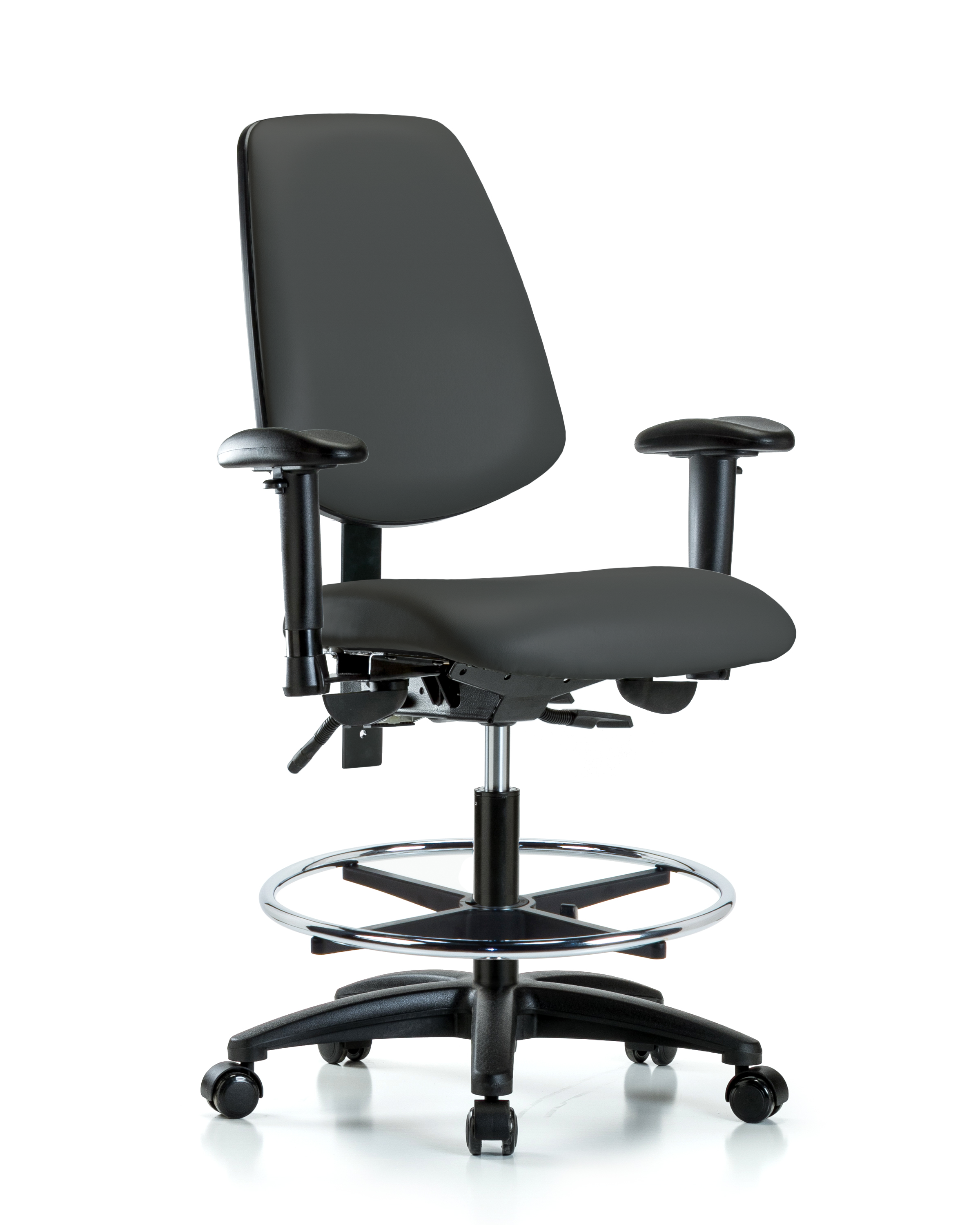 Rutledge Vinyl Chair - Medium Bench Height with Medium Back, Seat Tilt, Adjustable Arms, Chrome Foot Ring, & Casters in Charcoal Trailblazer Vinyl
