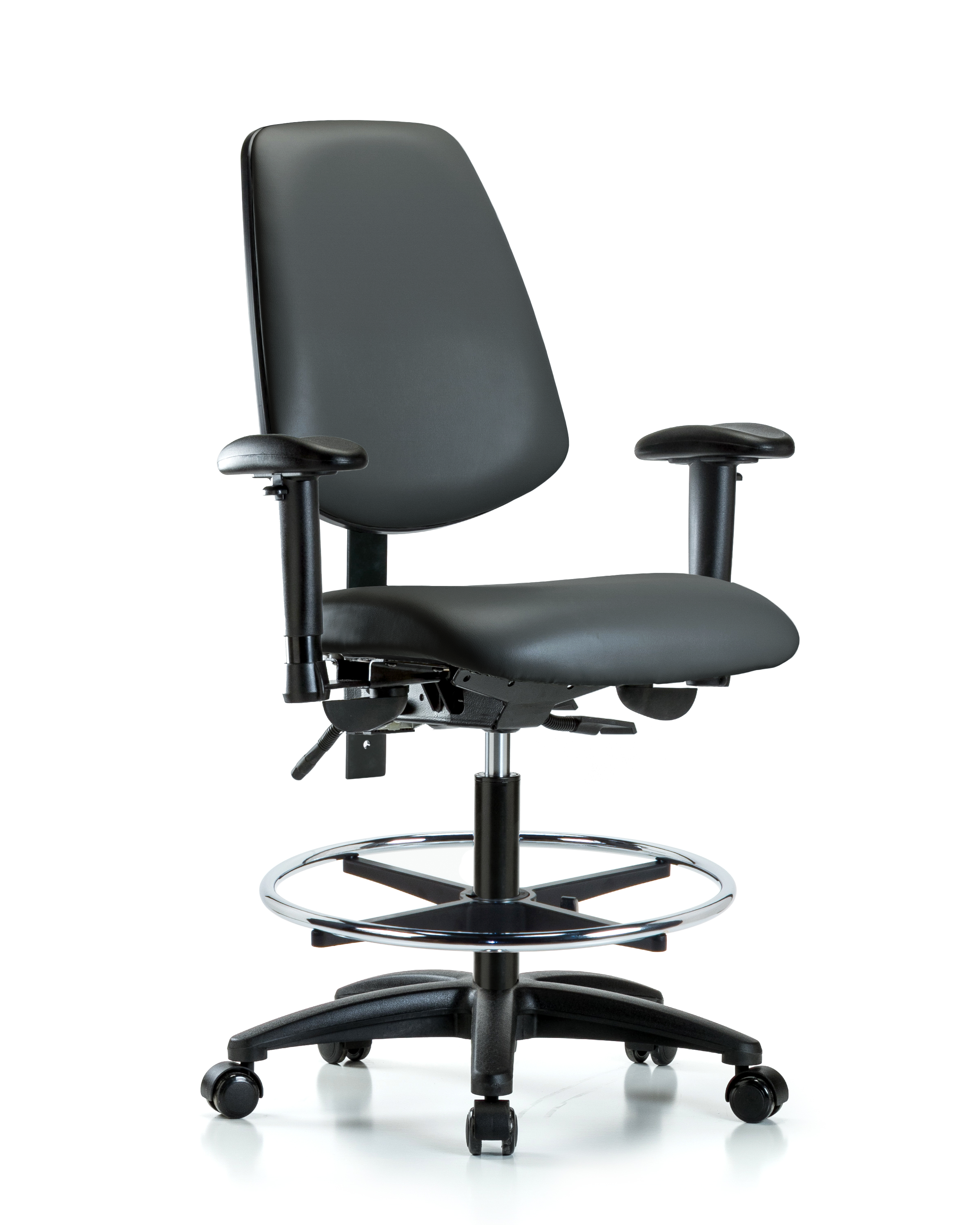 Rutledge Vinyl Chair - Medium Bench Height with Medium Back, Seat Tilt, Adjustable Arms, Chrome Foot Ring, & Casters in Carbon Supernova Vinyl