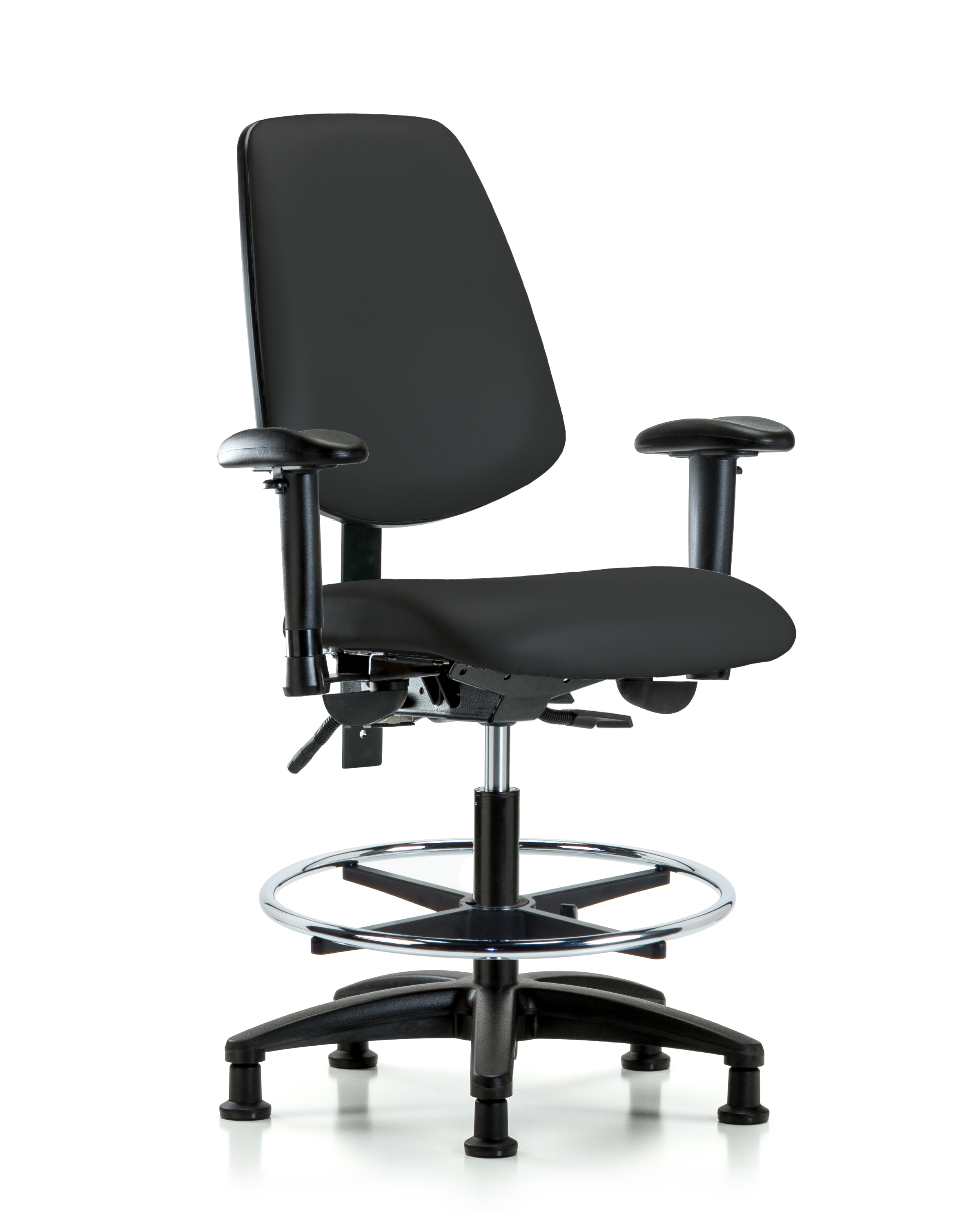 Rutledge Vinyl Chair - Medium Bench Height with Medium Back, Seat Tilt, Adjustable Arms, Chrome Foot Ring, & Stationary Glides in Black Trailblazer Vinyl
