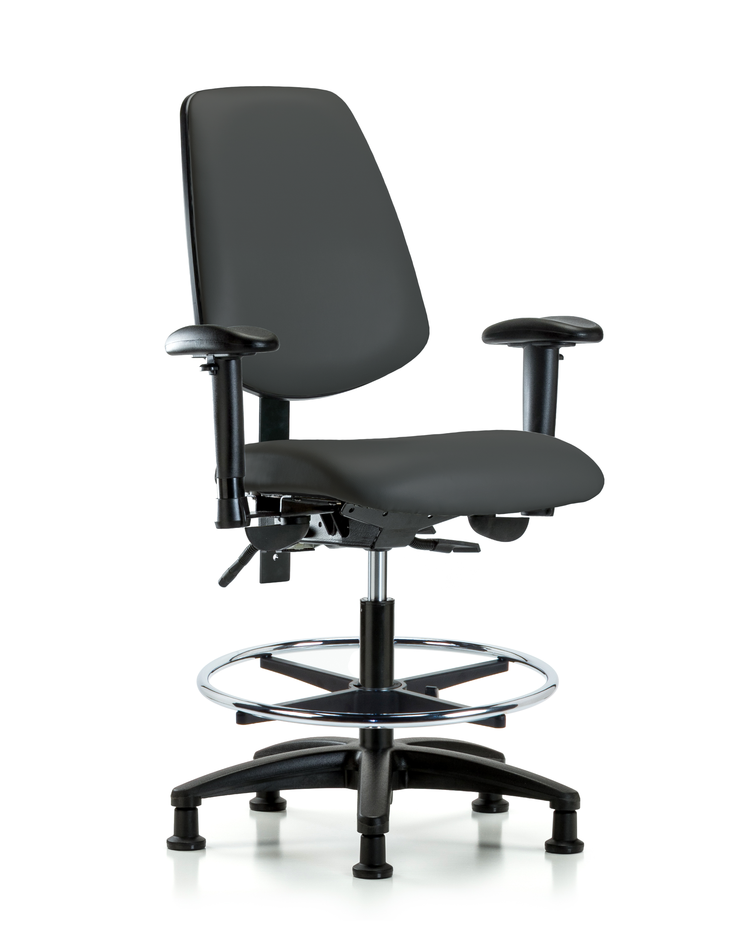 Rutledge Vinyl Chair - Medium Bench Height with Medium Back, Seat Tilt, Adjustable Arms, Chrome Foot Ring, & Stationary Glides in Charcoal Trailblazer Vinyl