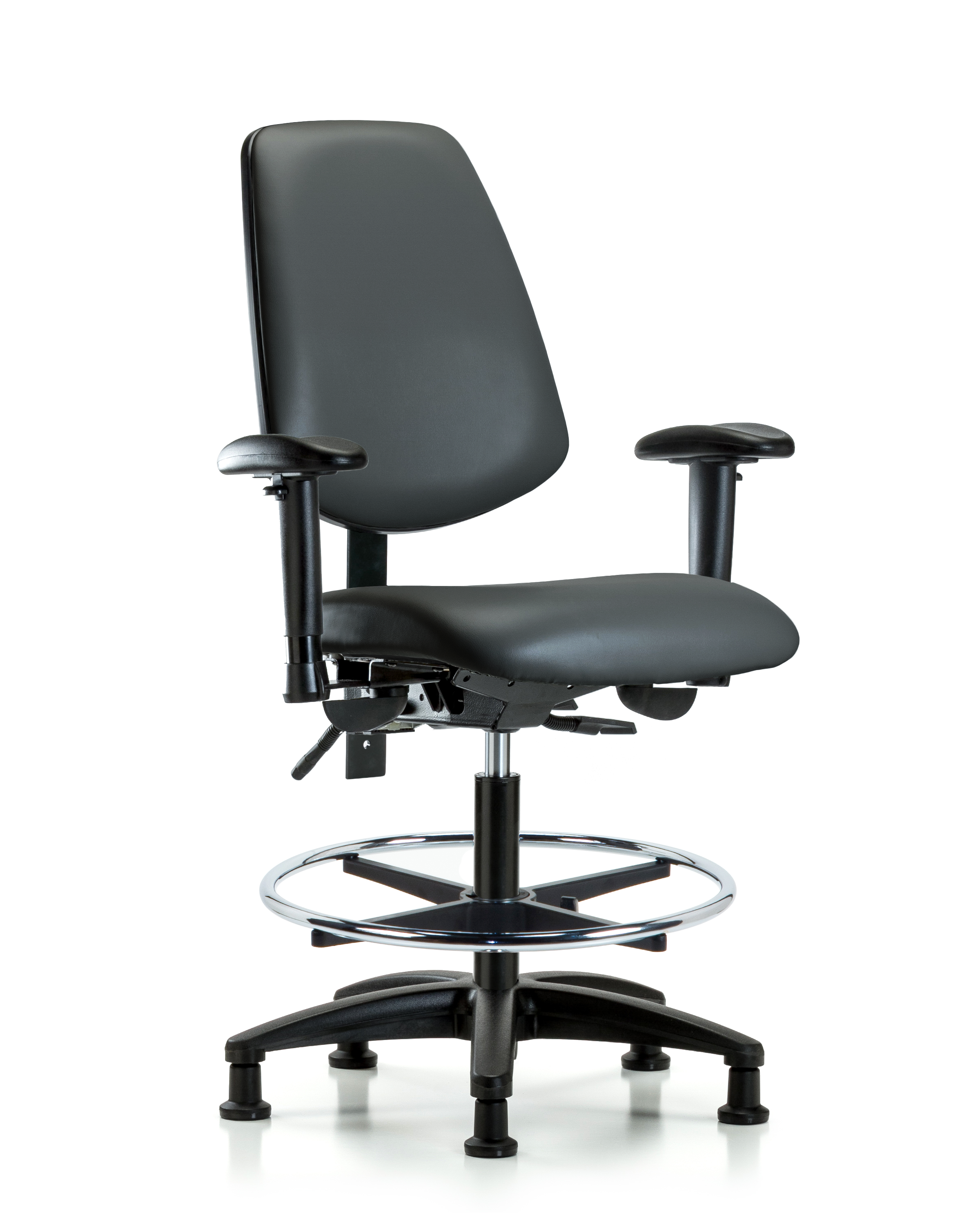 Rutledge Vinyl Chair - Medium Bench Height with Medium Back, Seat Tilt, Adjustable Arms, Chrome Foot Ring, & Stationary Glides in Carbon Supernova Vinyl