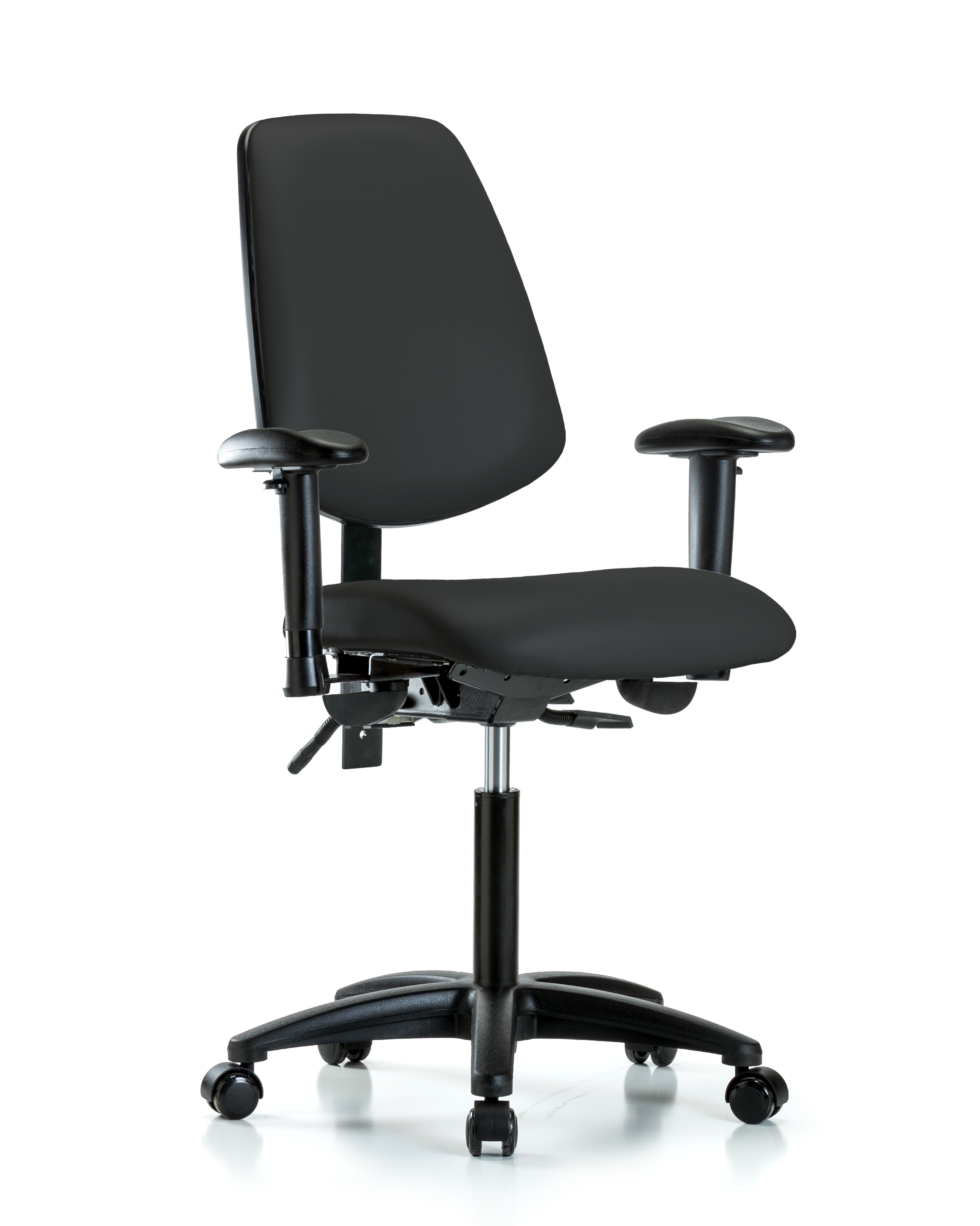 Rutledge Vinyl Chair - Medium Bench Height with Medium Back, Seat Tilt, Adjustable Arms, & Casters in Black Trailblazer Vinyl