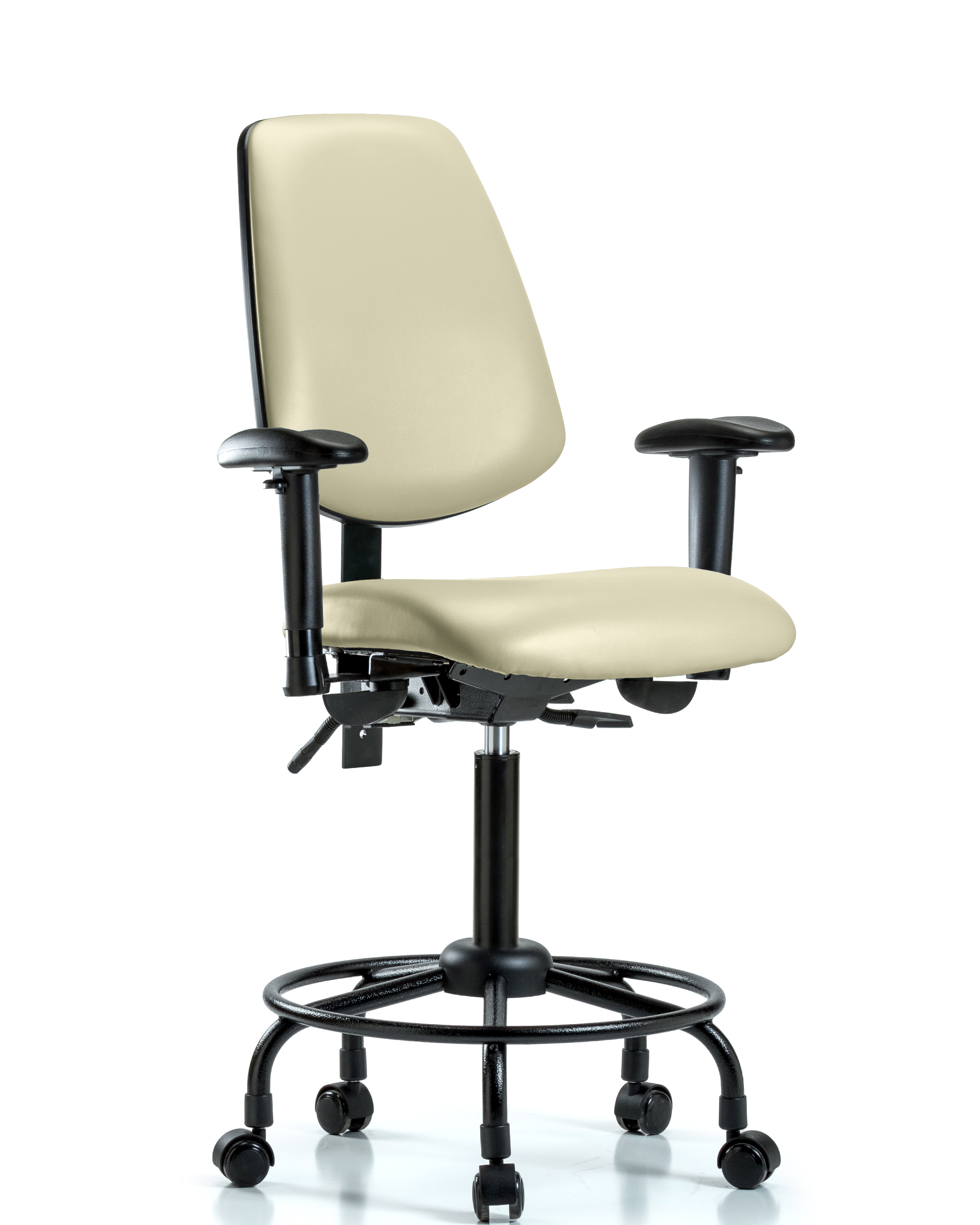 Rutledge Vinyl Chair - Medium Bench Height with Round Tube Base, Medium Back, Adjustable Arms, & Casters in Adobe White Trailblazer Vinyl