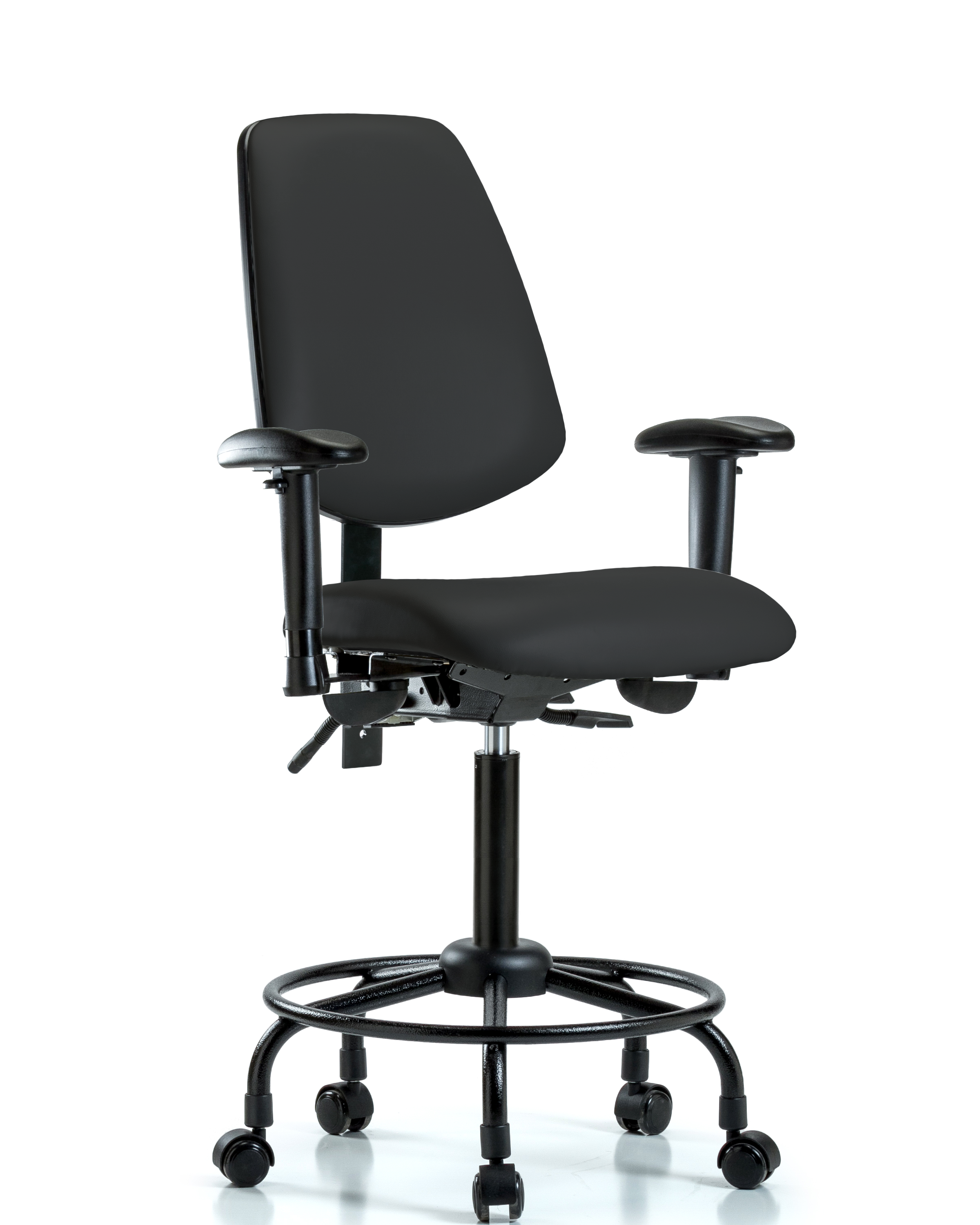 Rutledge Vinyl Chair - Medium Bench Height with Round Tube Base, Medium Back, Adjustable Arms, & Casters in Black Trailblazer Vinyl