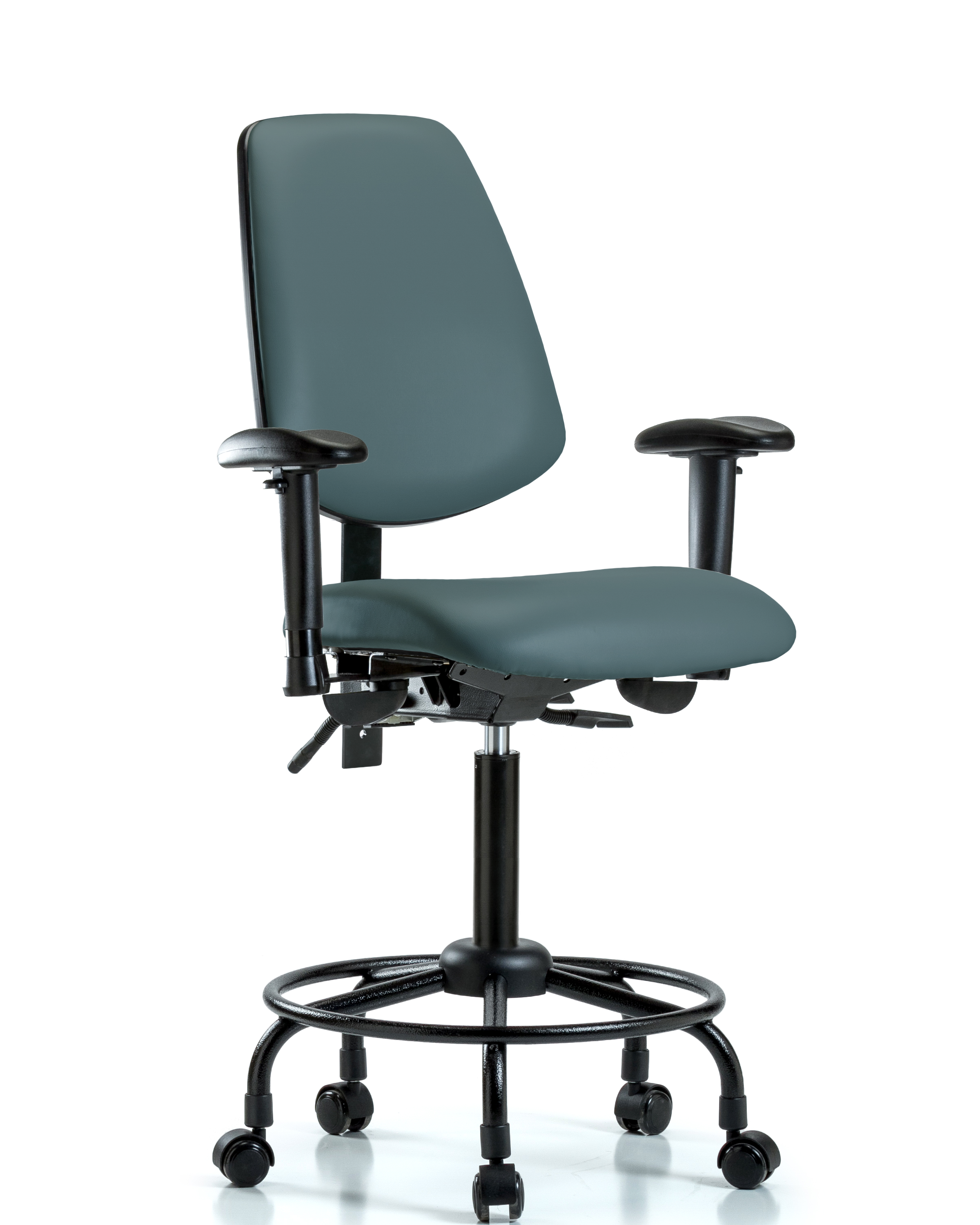 Rutledge Vinyl Chair - Medium Bench Height with Round Tube Base, Medium Back, Adjustable Arms, & Casters in Colonial Blue Trailblazer Vinyl