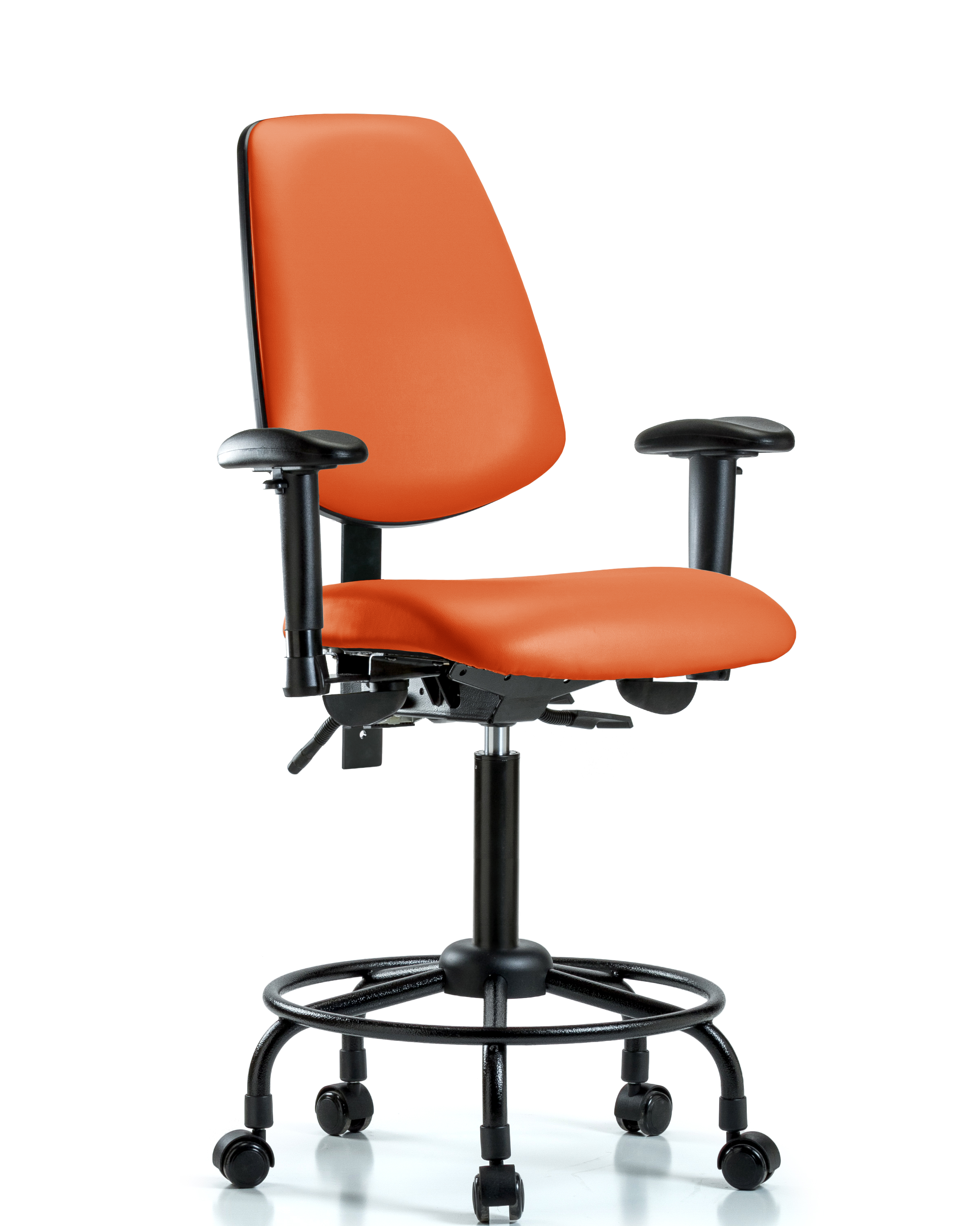Rutledge Vinyl Chair - Medium Bench Height with Round Tube Base, Medium Back, Adjustable Arms, & Casters in Orange Kist Trailblazer Vinyl