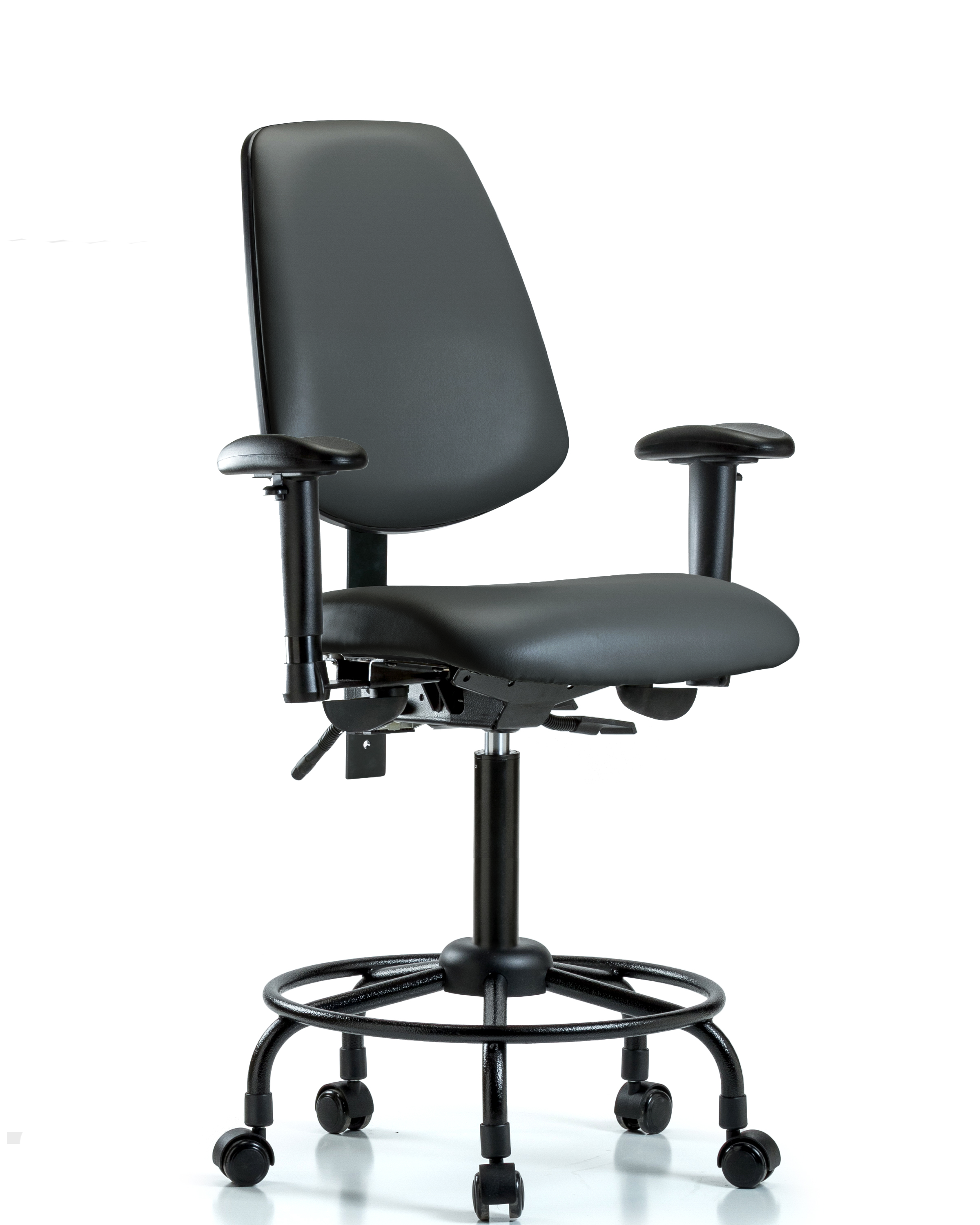Rutledge Vinyl Chair - Medium Bench Height with Round Tube Base, Medium Back, Adjustable Arms, & Casters in Carbon Supernova Vinyl