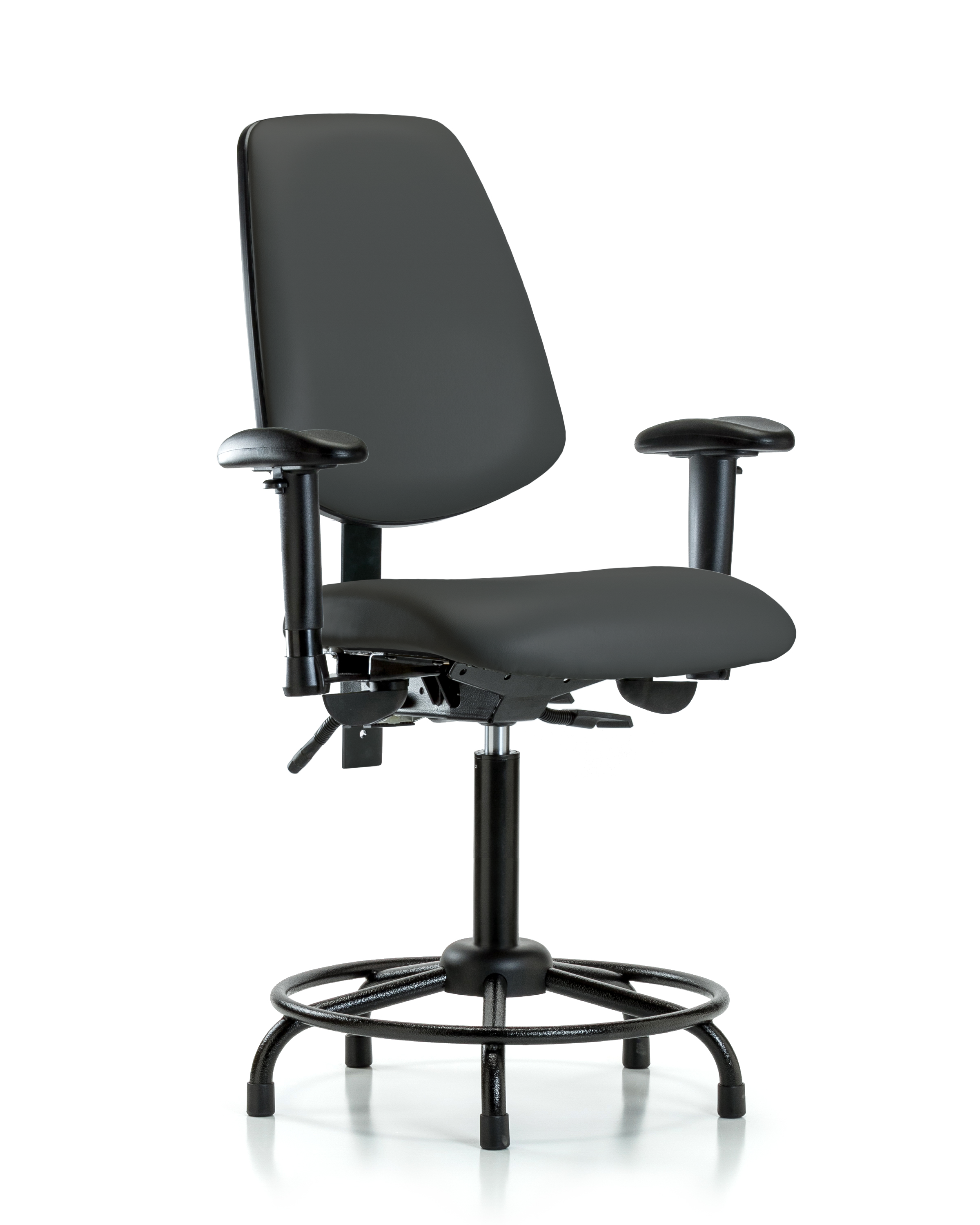 Rutledge Vinyl Chair - Medium Bench Height with Round Tube Base, Medium Back, Adjustable Arms, & Stationary Glides in Charcoal Trailblazer Vinyl
