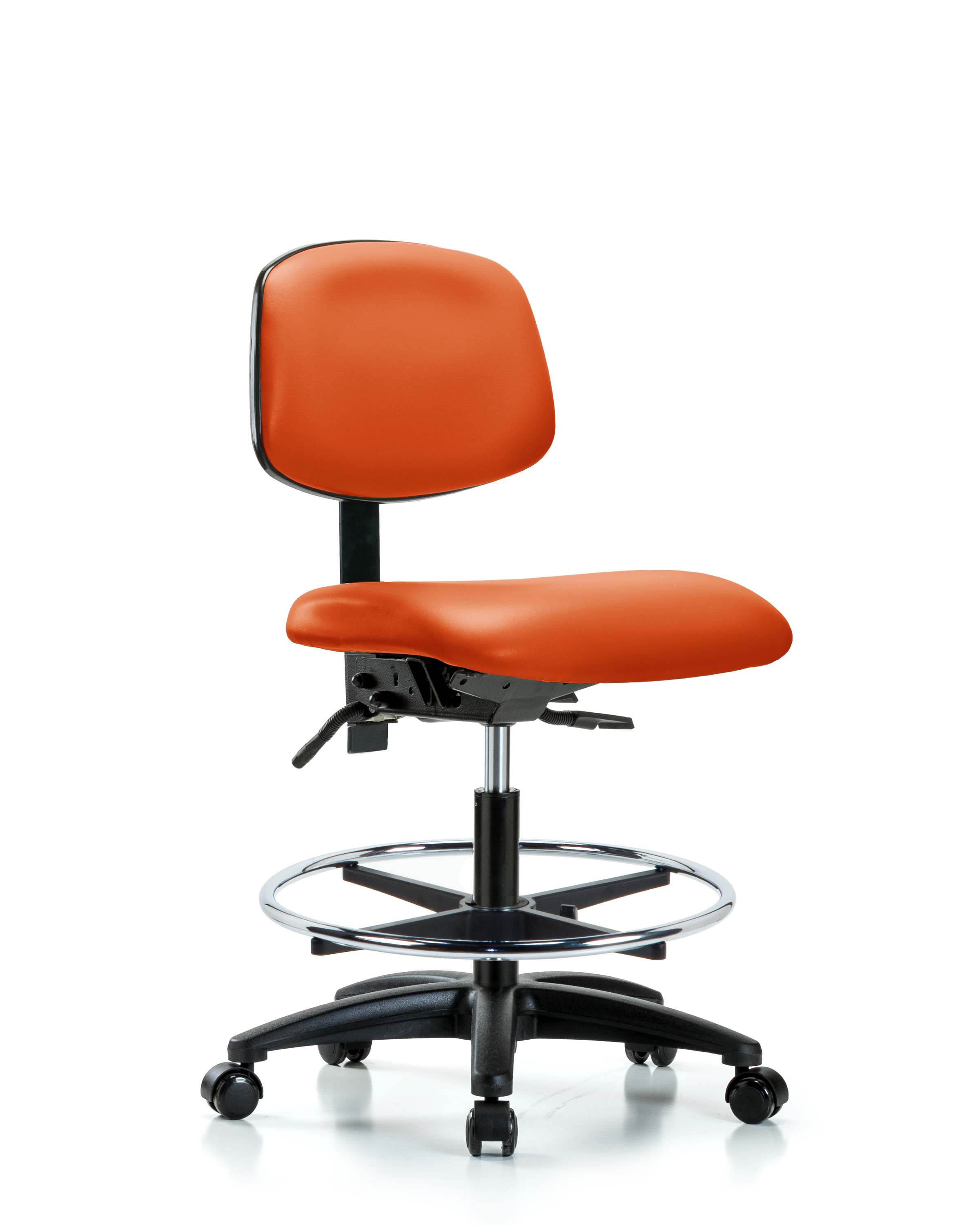 Rutledge Vinyl Chair - Medium Bench Height with Chrome Foot Ring & Casters in Orange Kist Trailblazer Vinyl