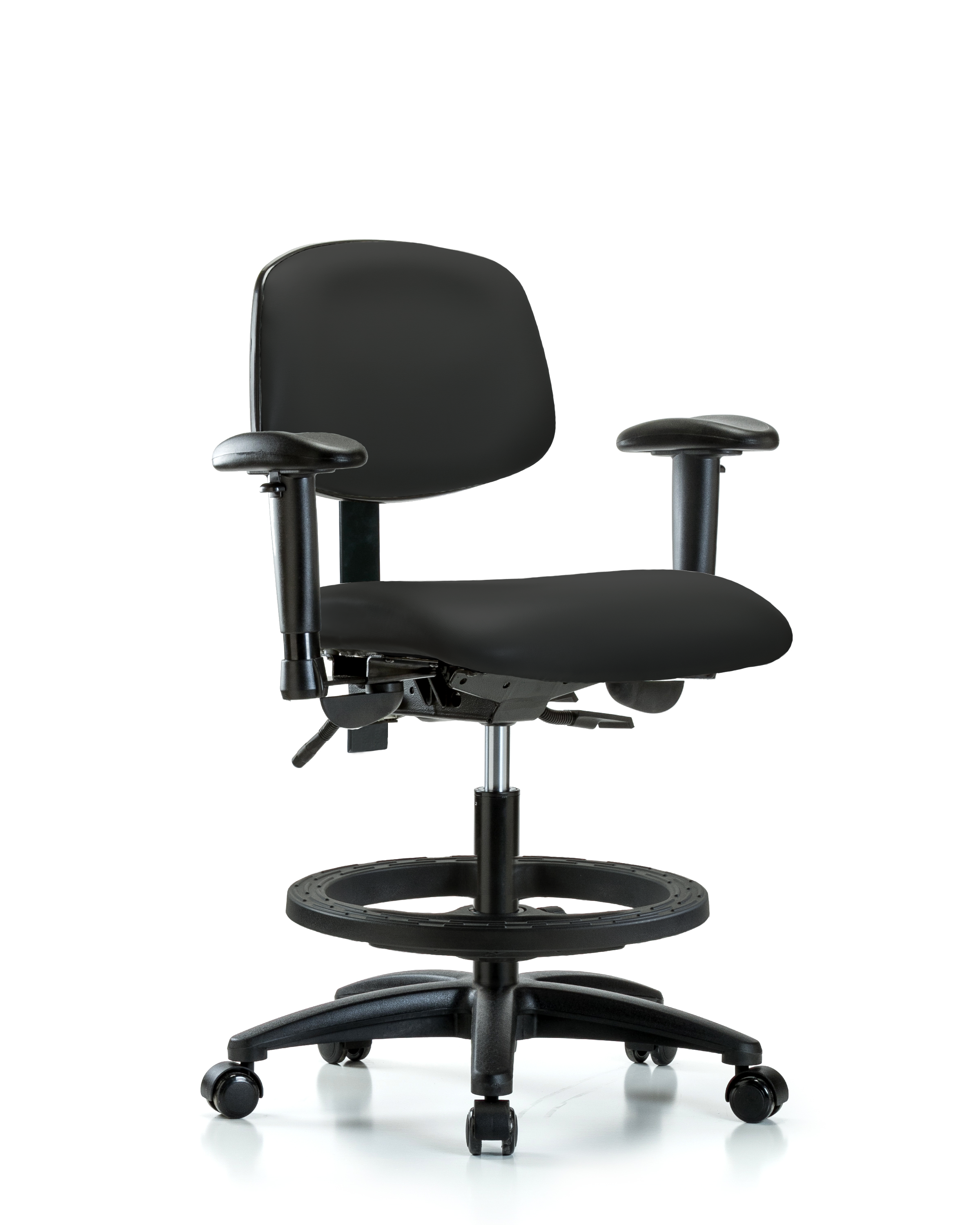 Rutledge Vinyl Chair - Medium Bench Height with Adjustable Arms, Black Foot Ring, & Casters in Black Trailblazer Vinyl