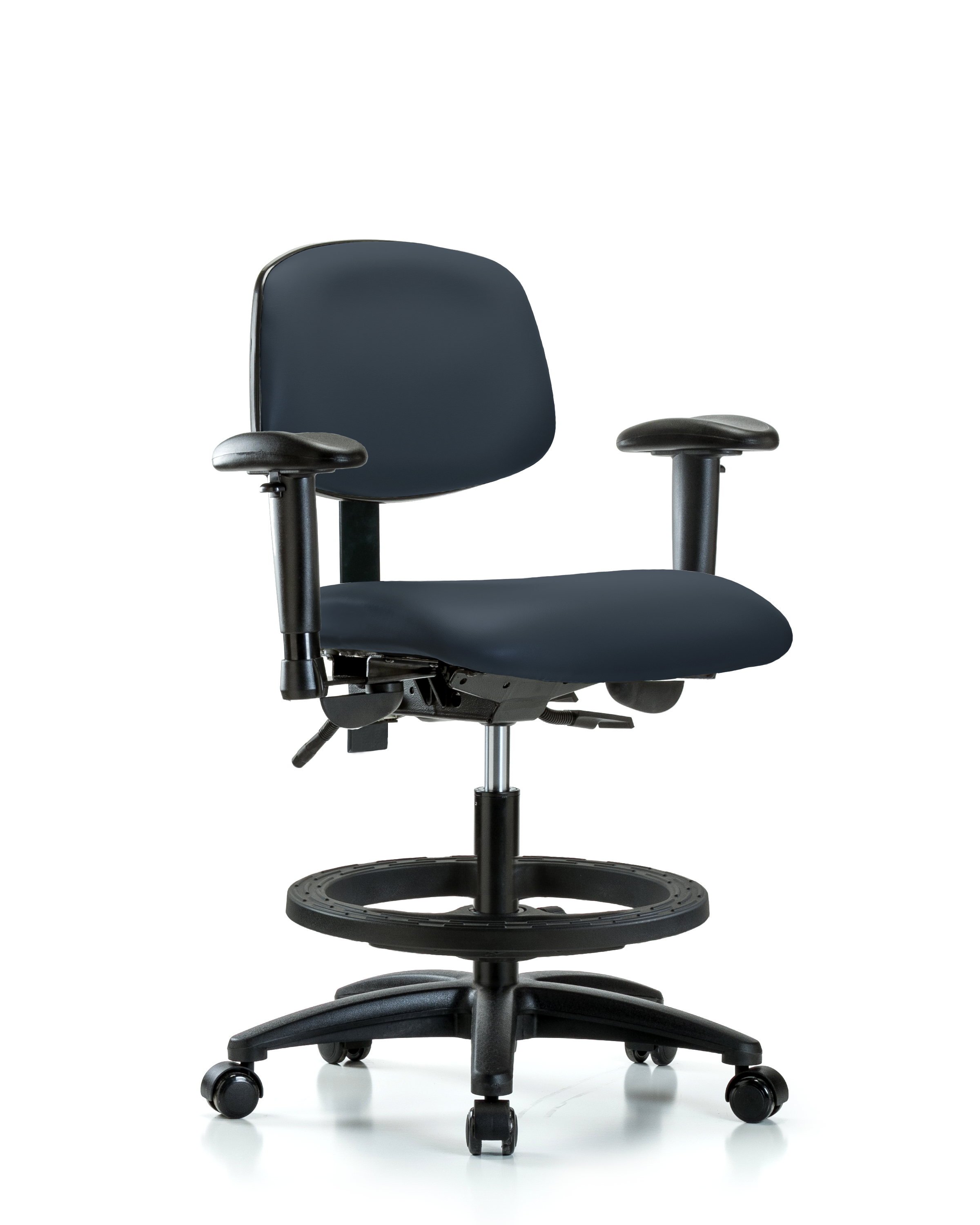 Rutledge Vinyl Chair - Medium Bench Height with Adjustable Arms, Black Foot Ring, & Casters in Imperial Blue Trailblazer Vinyl