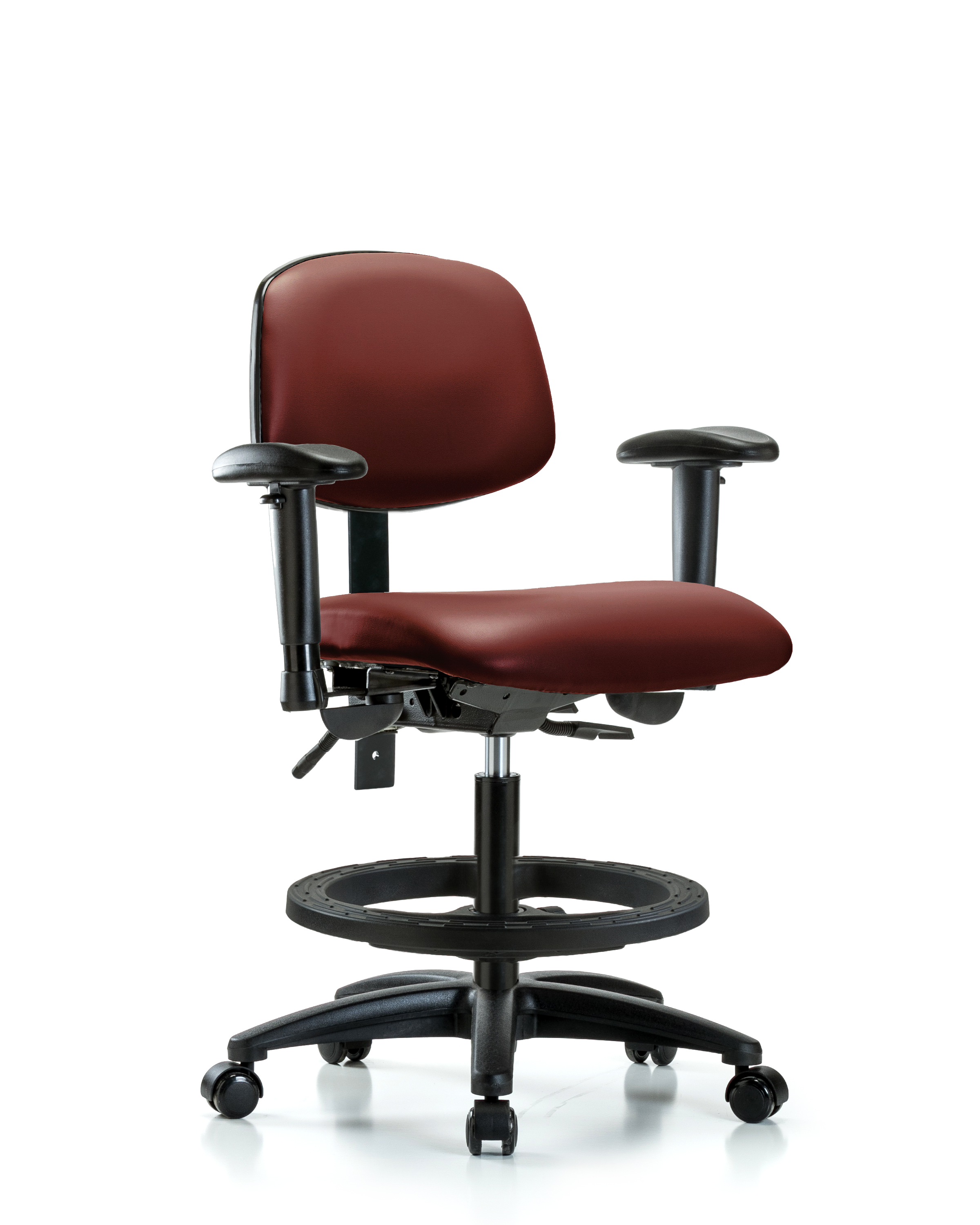 Rutledge Vinyl Chair - Medium Bench Height with Adjustable Arms, Black Foot Ring, & Casters in Borscht Supernova Vinyl