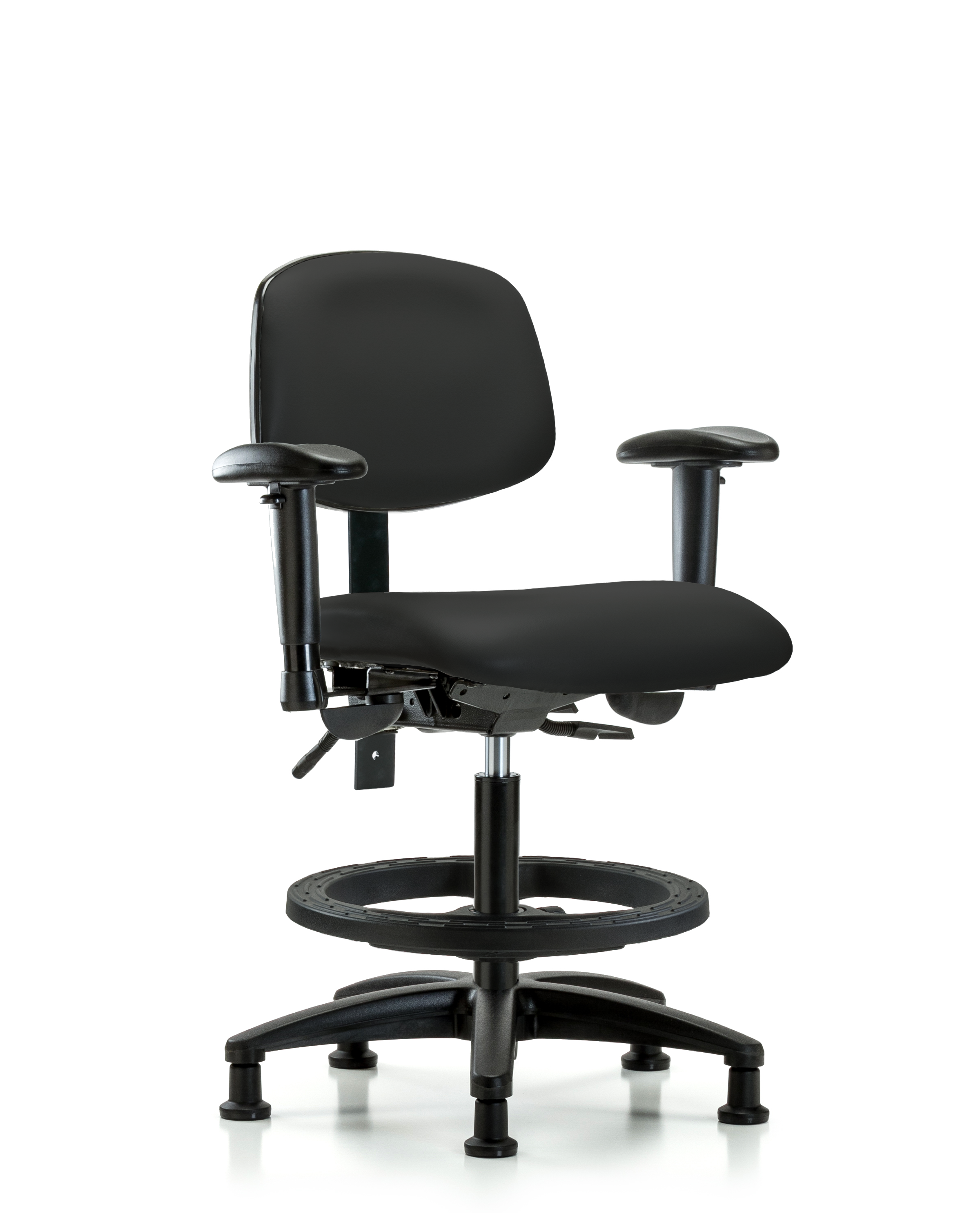 Rutledge Vinyl Chair - Medium Bench Height with Adjustable Arms, Black Foot Ring, & Stationary Glides in Black Trailblazer Vinyl