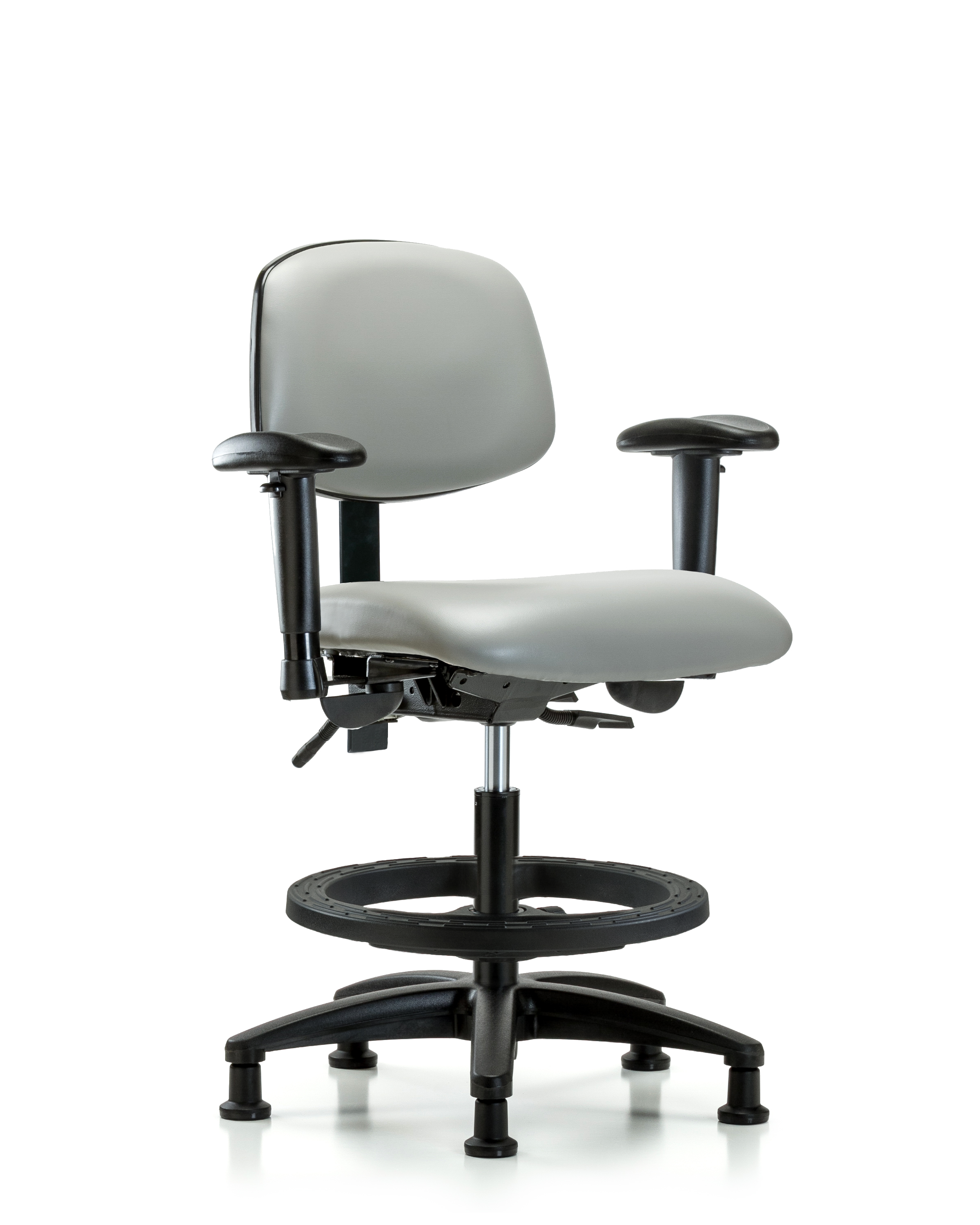 Rutledge Vinyl Chair - Medium Bench Height with Adjustable Arms, Black Foot Ring, & Stationary Glides in Dove Trailblazer Vinyl