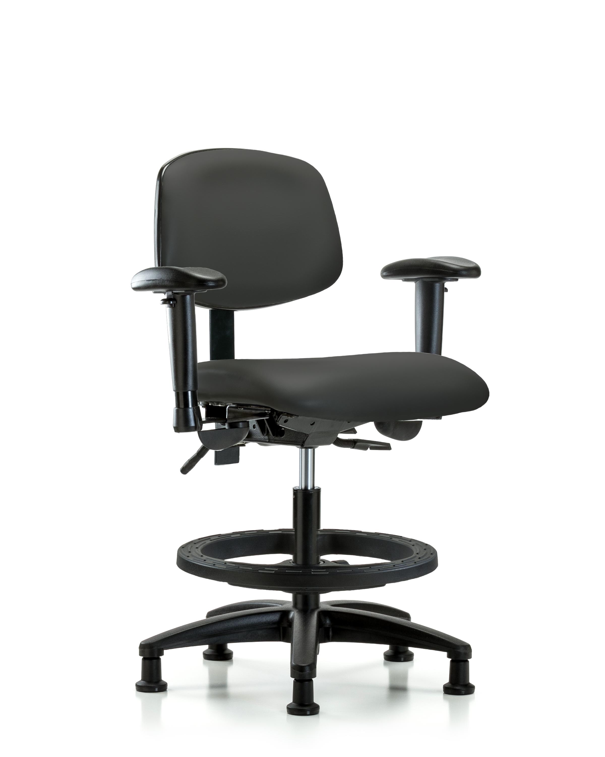 Rutledge Vinyl Chair - Medium Bench Height with Adjustable Arms, Black Foot Ring, & Stationary Glides in Charcoal Trailblazer Vinyl