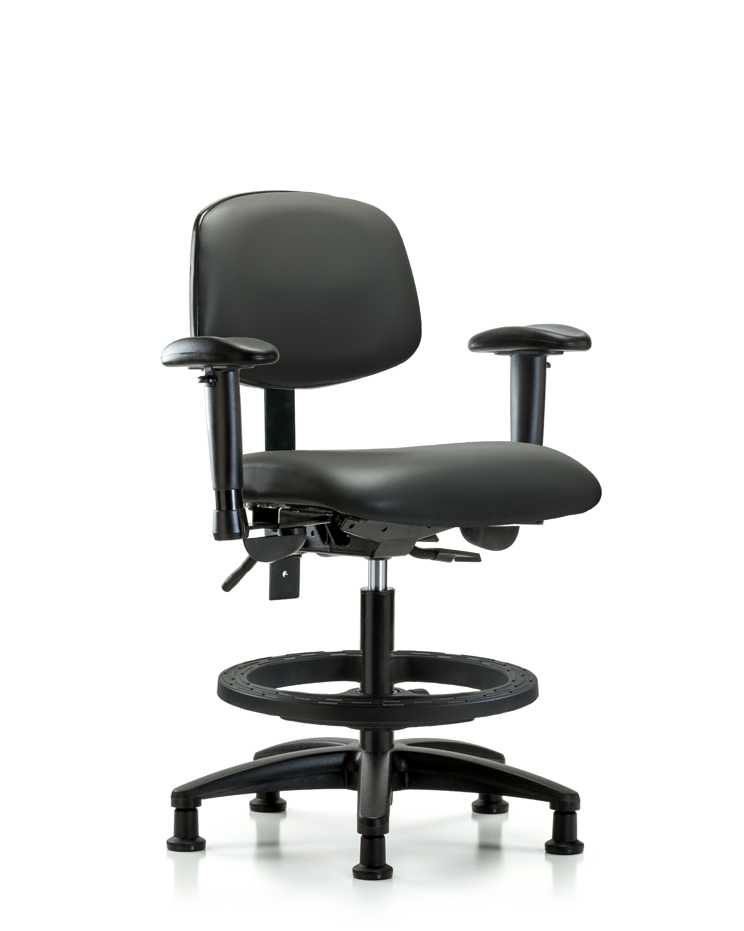 Rutledge Vinyl Chair - Medium Bench Height with Adjustable Arms, Black Foot Ring, & Stationary Glides in Carbon Supernova Vinyl
