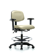 Rutledge Vinyl Chair - Medium Bench Height with Adjustable Arms, Chrome Foot Ring, & Casters in Adobe White Trailblazer Vinyl