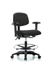 Rutledge Vinyl Chair - Medium Bench Height with Adjustable Arms, Chrome Foot Ring, & Casters in Black Trailblazer Vinyl