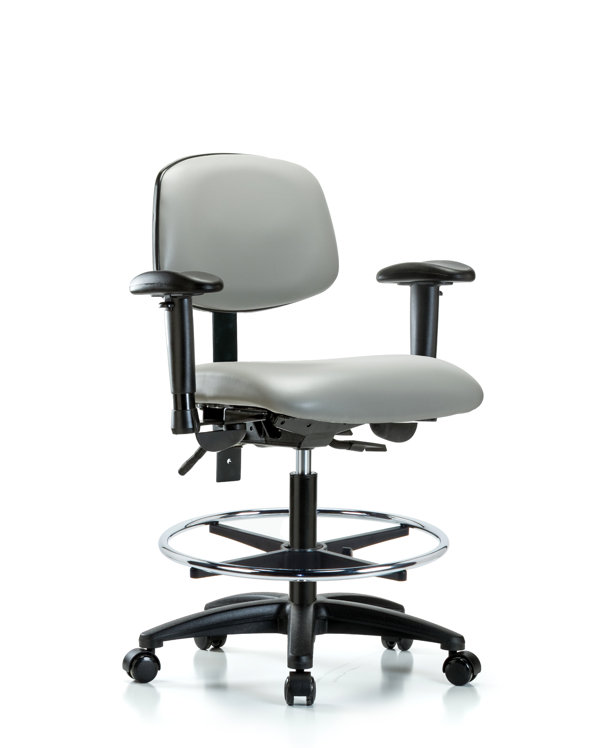 Rutledge Vinyl Chair - Medium Bench Height with Adjustable Arms, Chrome Foot Ring, & Casters in Dove Trailblazer Vinyl