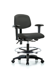 Rutledge Vinyl Chair - Medium Bench Height with Adjustable Arms, Chrome Foot Ring, & Casters in Charcoal Trailblazer Vinyl