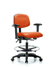 Rutledge Vinyl Chair - Medium Bench Height with Adjustable Arms, Chrome Foot Ring, & Casters in Orange Kist Trailblazer Vinyl
