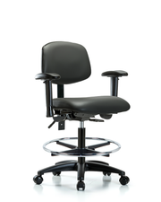 Rutledge Vinyl Chair - Medium Bench Height with Adjustable Arms, Chrome Foot Ring, & Casters in Carbon Supernova Vinyl