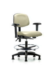 Rutledge Vinyl Chair - Medium Bench Height with Adjustable Arms, Chrome Foot Ring, & Stationary Glides in Adobe White Trailblazer Vinyl
