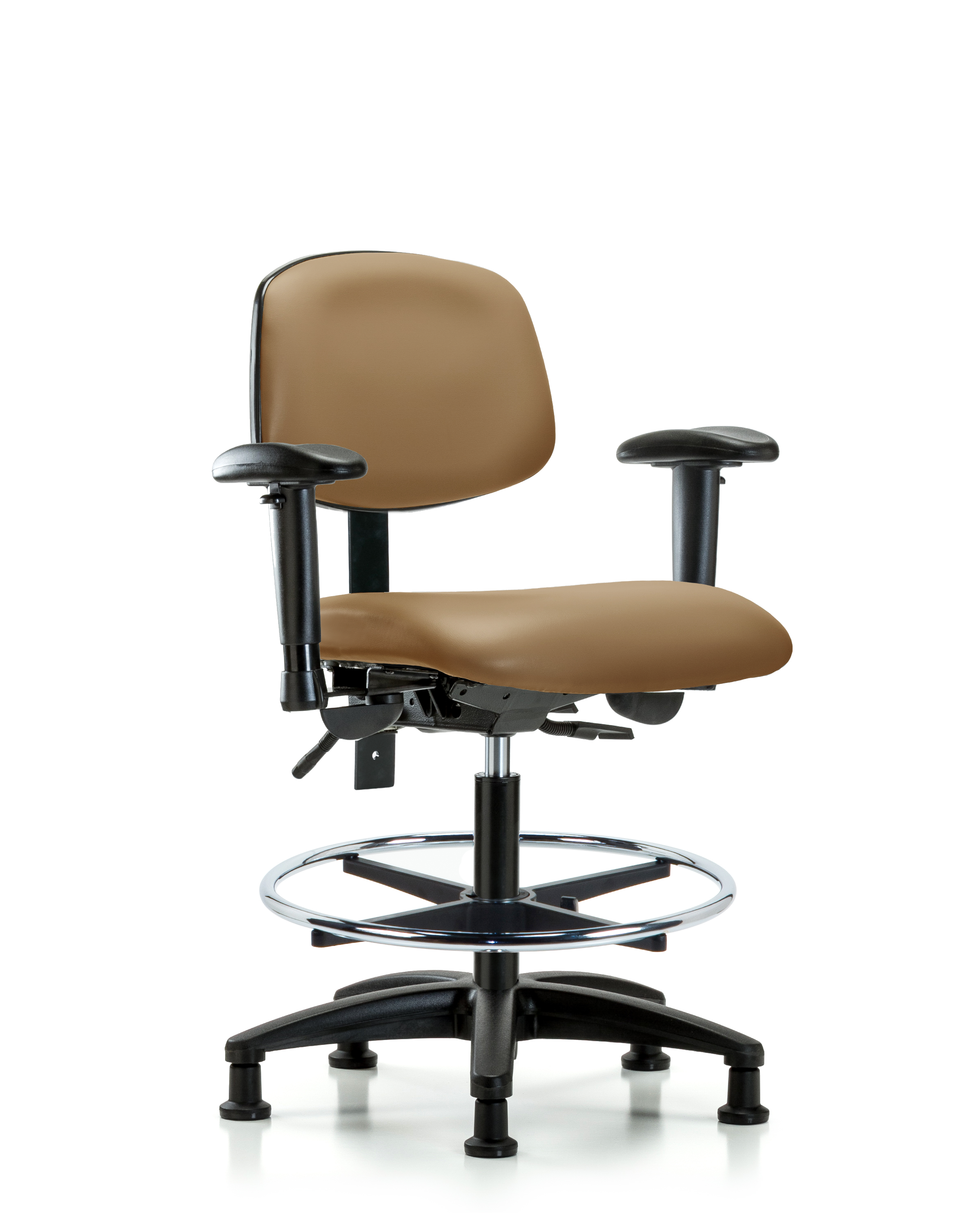 Rutledge Vinyl Chair - Medium Bench Height with Adjustable Arms, Chrome Foot Ring, & Stationary Glides in Taupe Trailblazer Vinyl