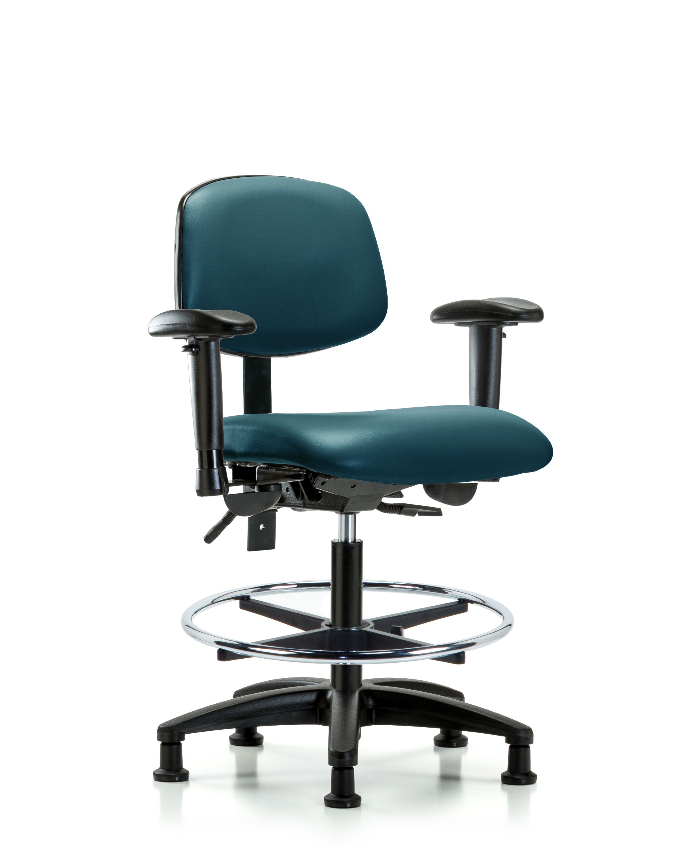 Rutledge Vinyl Chair - Medium Bench Height with Adjustable Arms, Chrome Foot Ring, & Stationary Glides in Marine Blue Supernova Vinyl