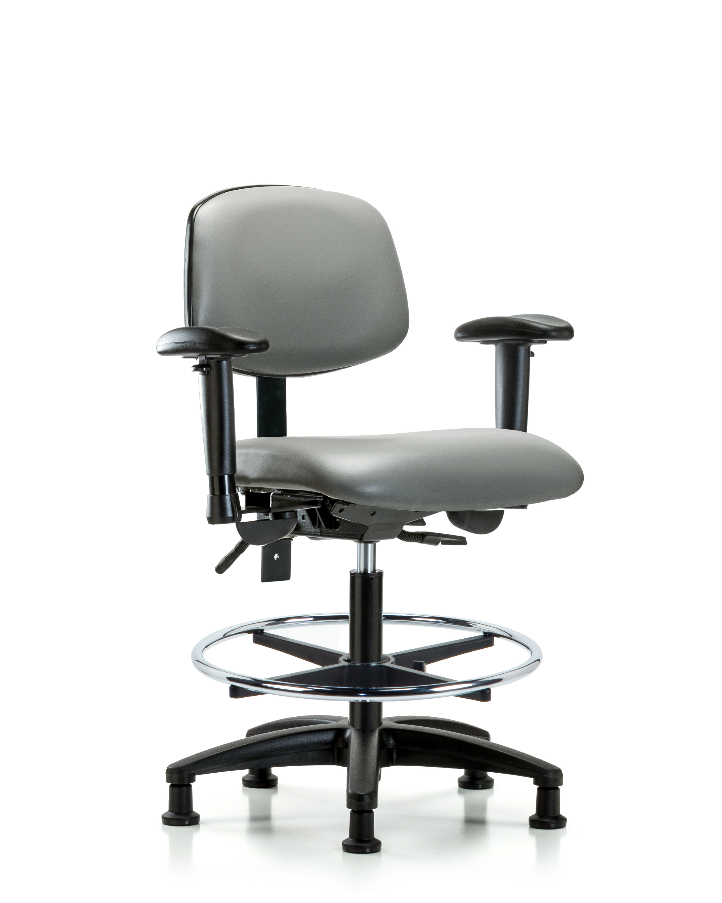 Rutledge Vinyl Chair - Medium Bench Height with Adjustable Arms, Chrome Foot Ring, & Stationary Glides in Sterling Supernova Vinyl