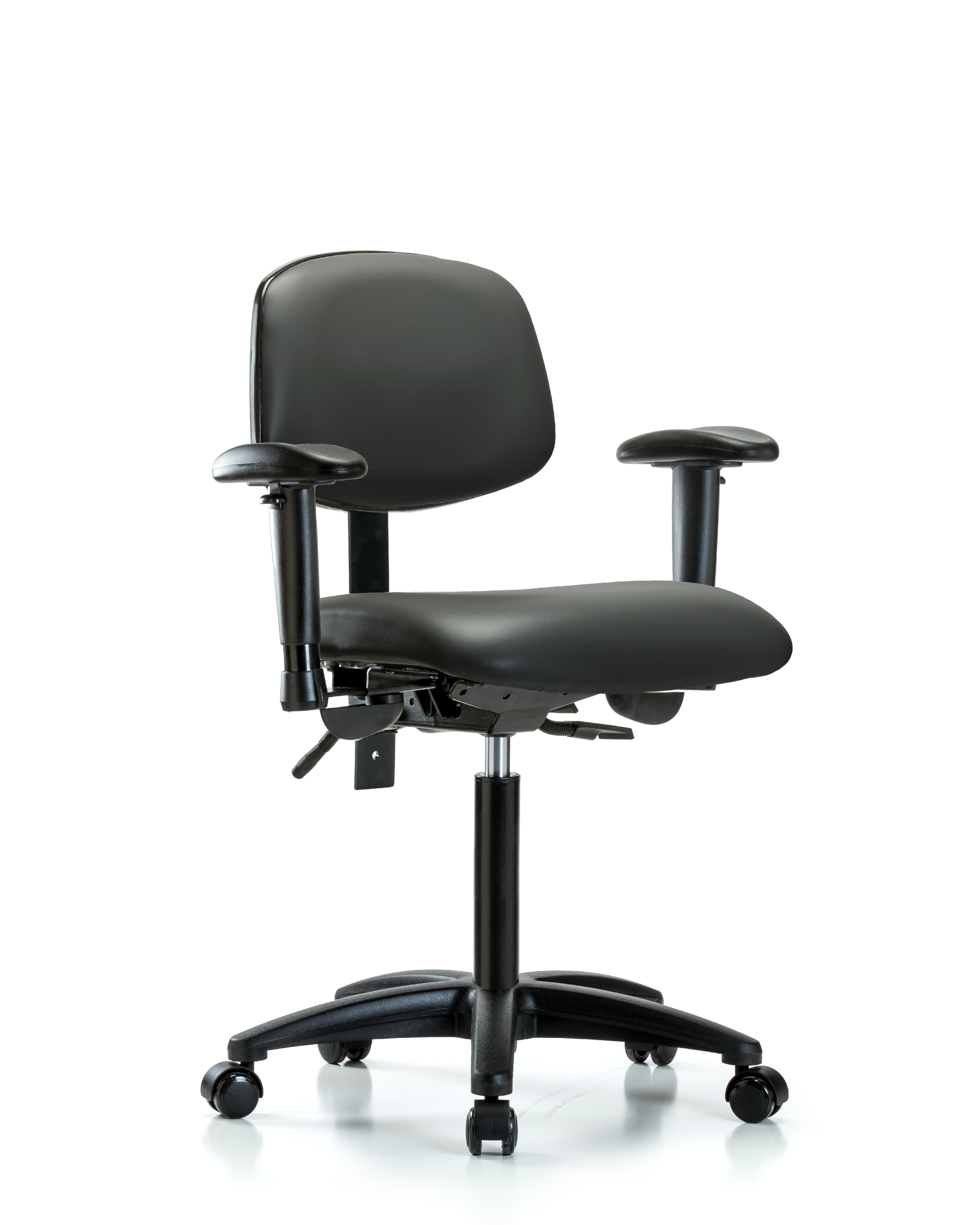 Rutledge Vinyl Chair - Medium Bench Height with Adjustable Arms & Casters in Carbon Supernova Vinyl
