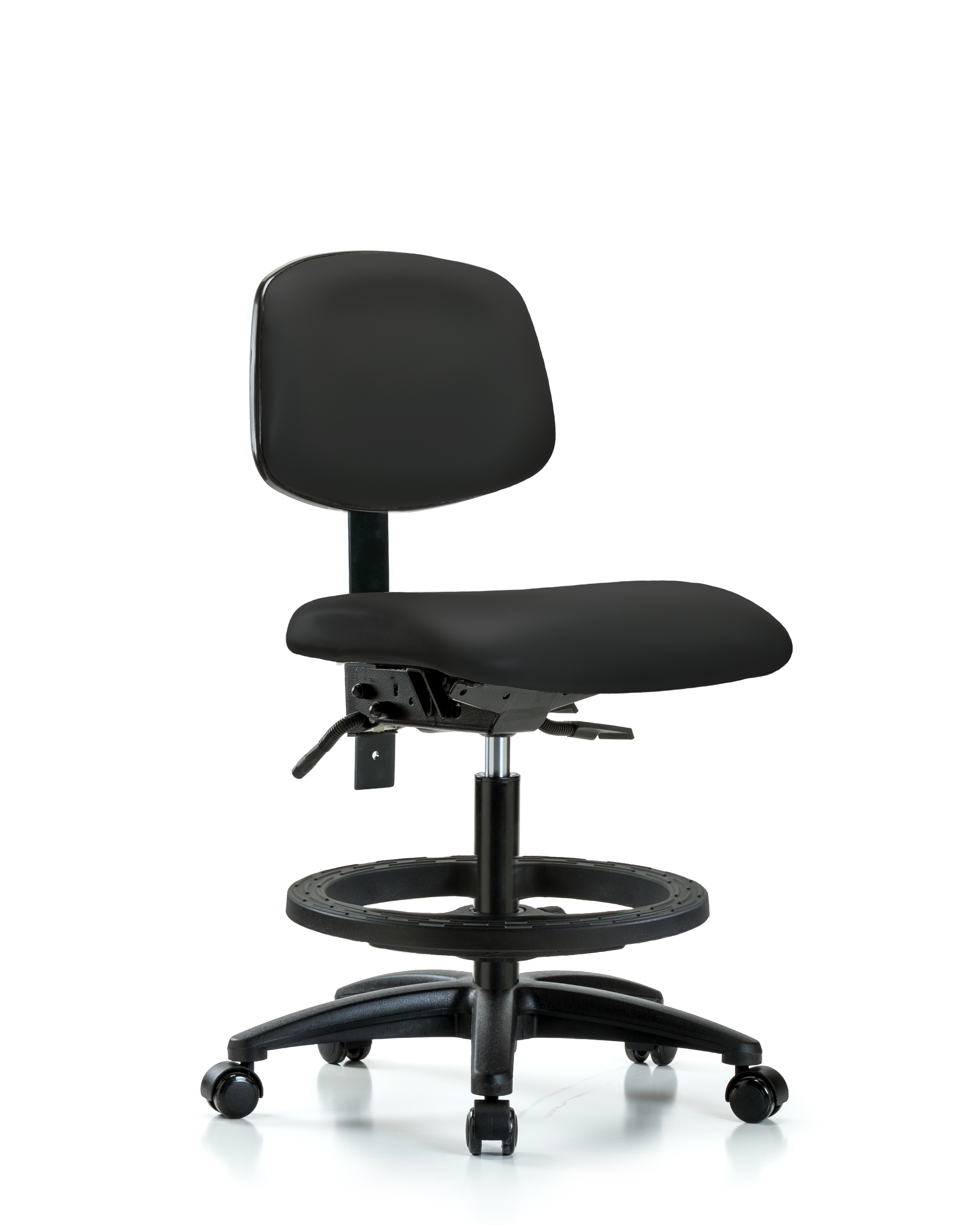 Rutledge Vinyl Chair - Medium Bench Height with Seat Tilt, Black Foot Ring, & Casters in Black Trailblazer Vinyl