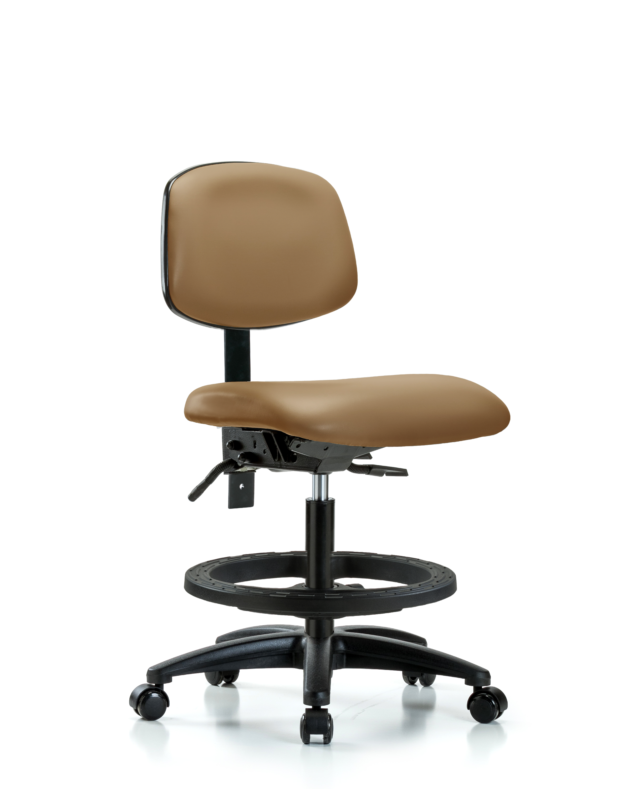 Rutledge Vinyl Chair - Medium Bench Height with Seat Tilt, Black Foot Ring, & Casters in Taupe Trailblazer Vinyl