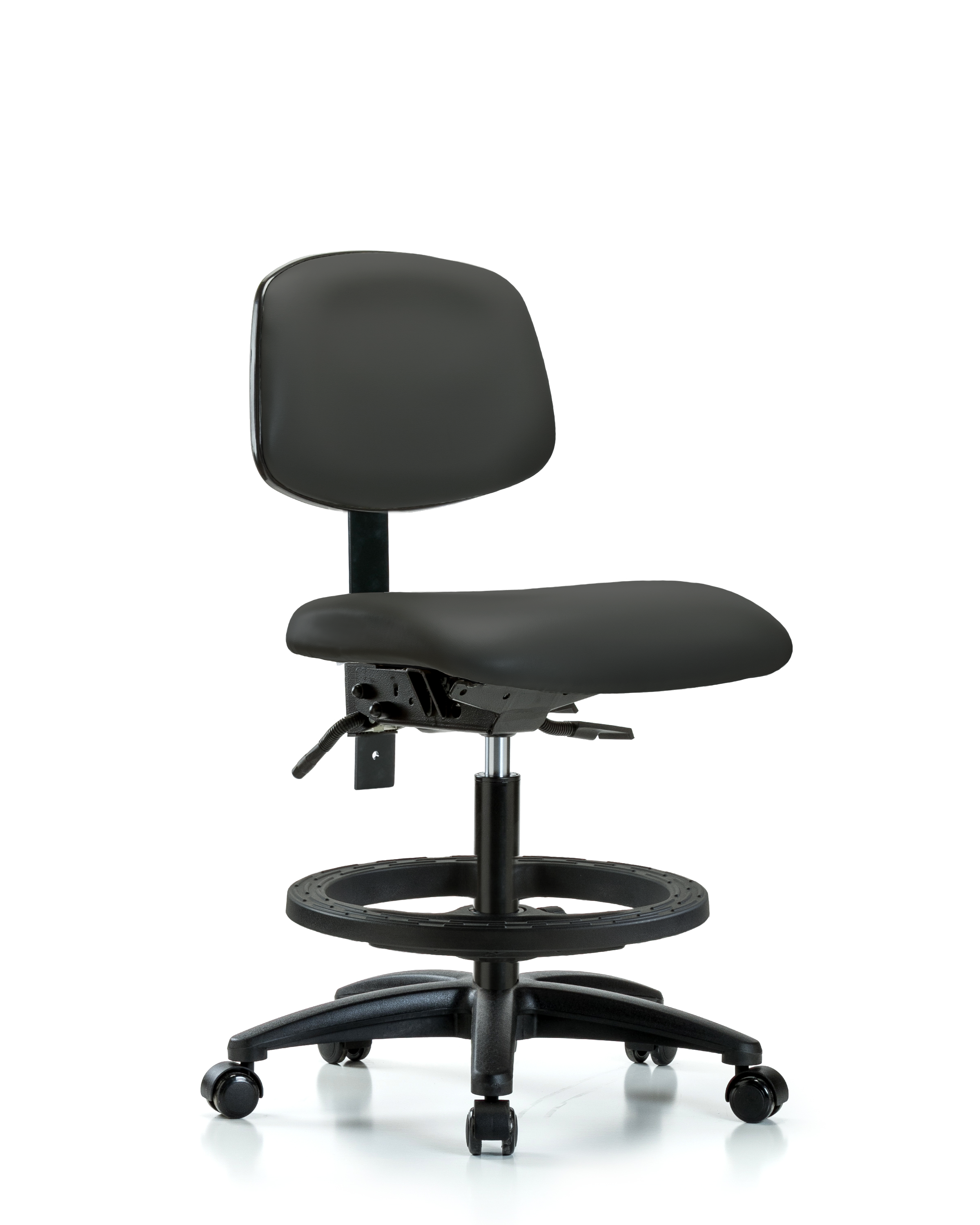 Rutledge Vinyl Chair - Medium Bench Height with Seat Tilt, Black Foot Ring, & Casters in Charcoal Trailblazer Vinyl