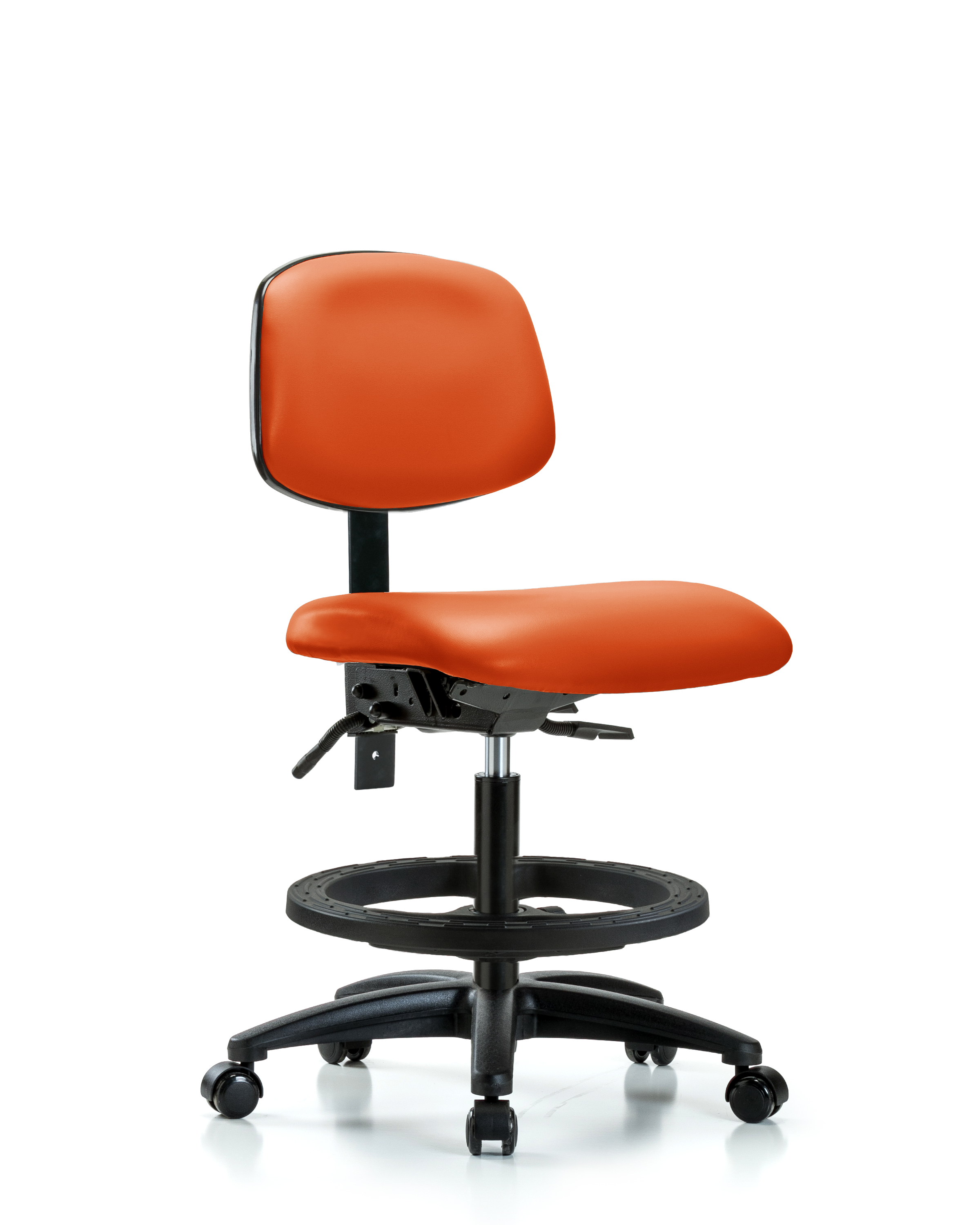 Rutledge Vinyl Chair - Medium Bench Height with Seat Tilt, Black Foot Ring, & Casters in Orange Kist Trailblazer Vinyl