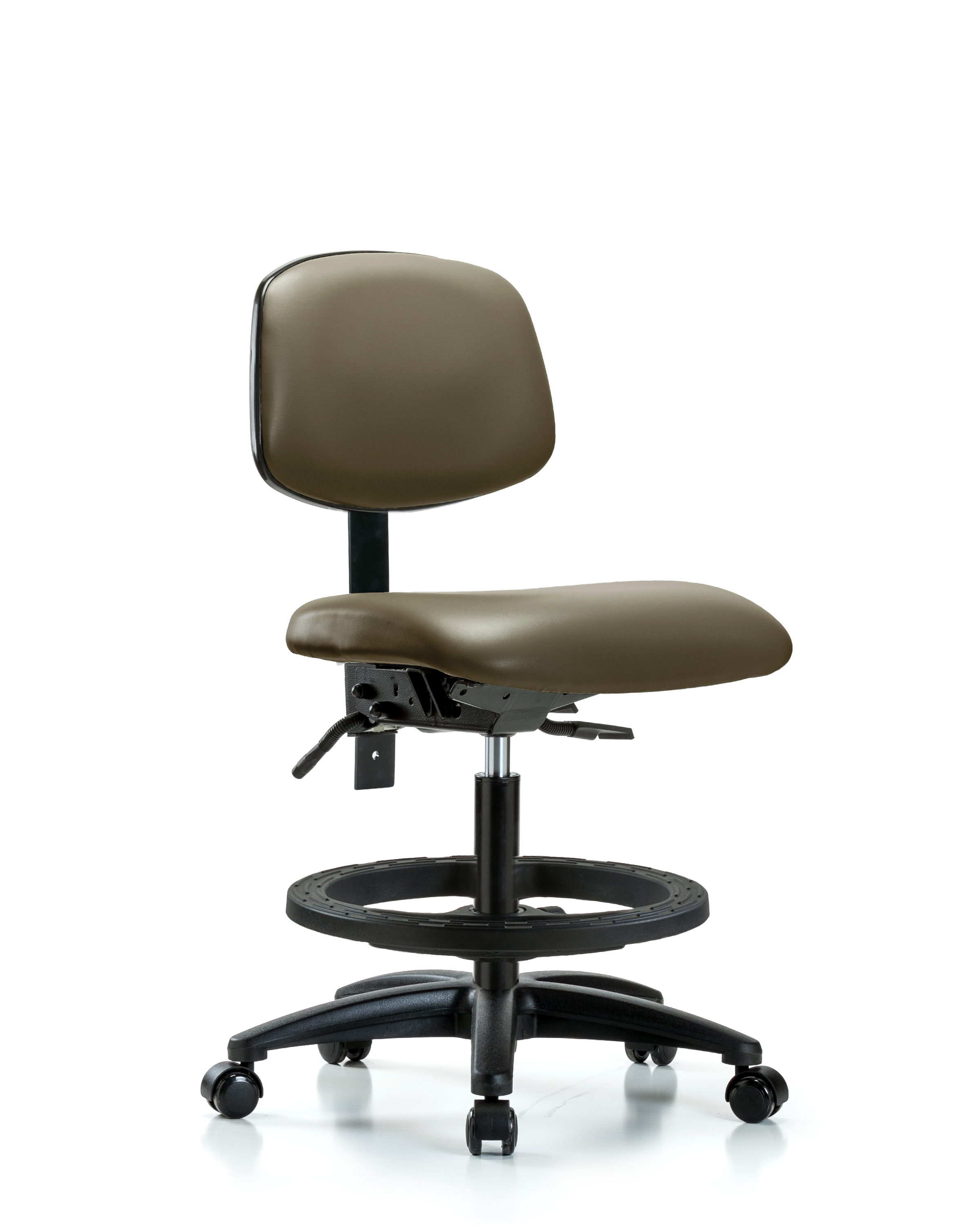 Rutledge Vinyl Chair - Medium Bench Height with Seat Tilt, Black Foot Ring, & Casters in Taupe Supernova Vinyl