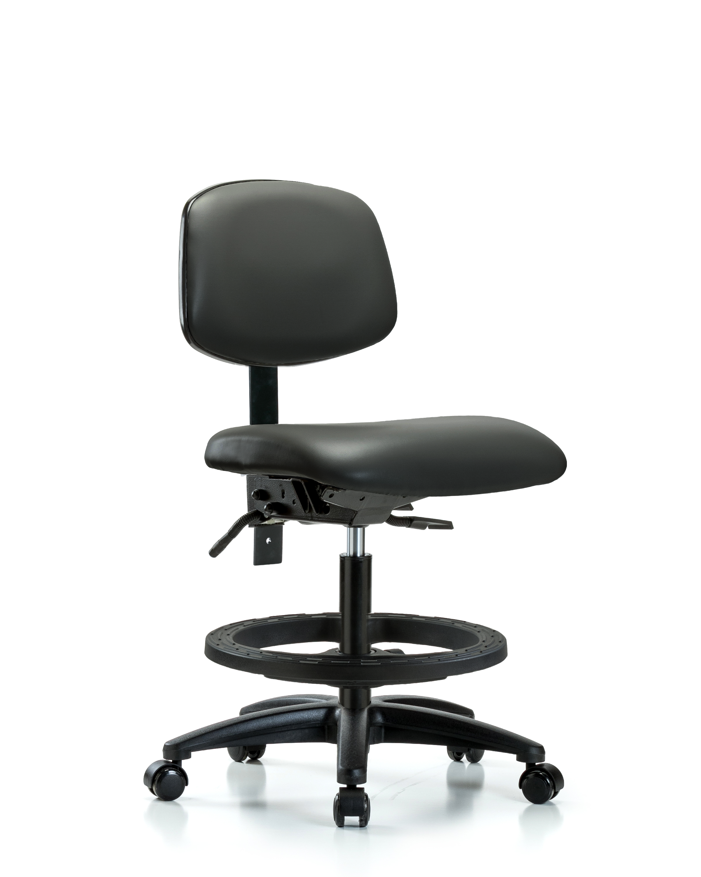 Rutledge Vinyl Chair - Medium Bench Height with Seat Tilt, Black Foot Ring, & Casters in Carbon Supernova Vinyl
