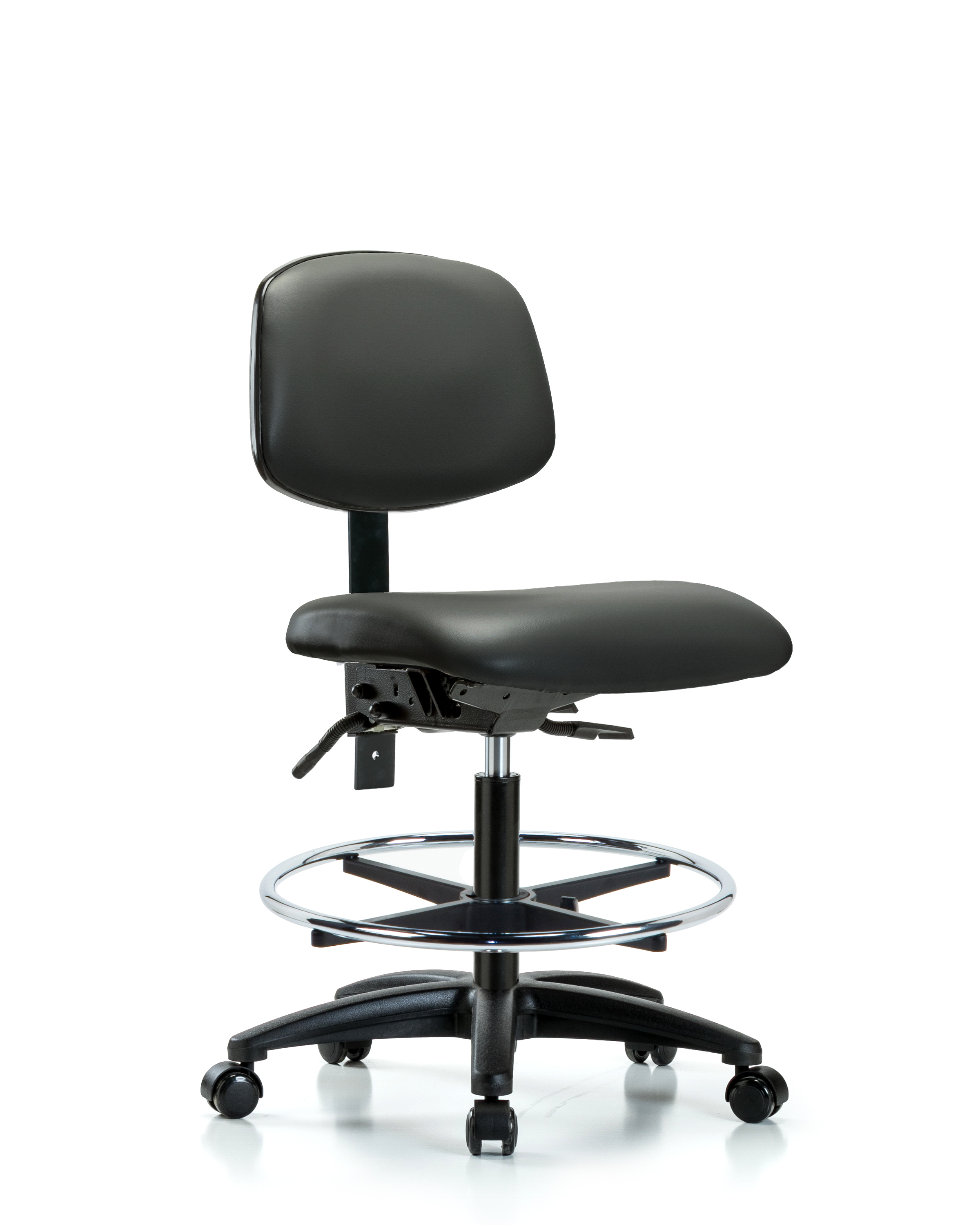 Rutledge Vinyl Chair - Medium Bench Height with Seat Tilt, Chrome Foot Ring, & Casters in Carbon Supernova Vinyl